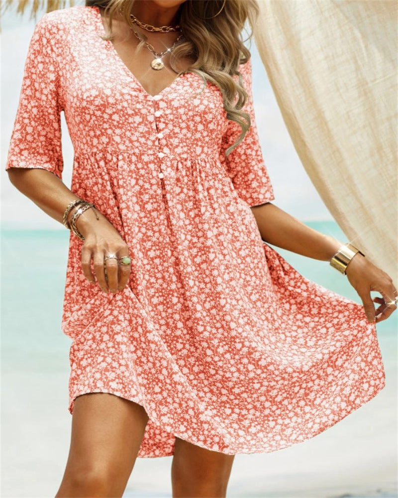 Casual Summer V Neck Button Short Sleeves Daily Dresses-Dresses-Red-S-Free Shipping Leatheretro