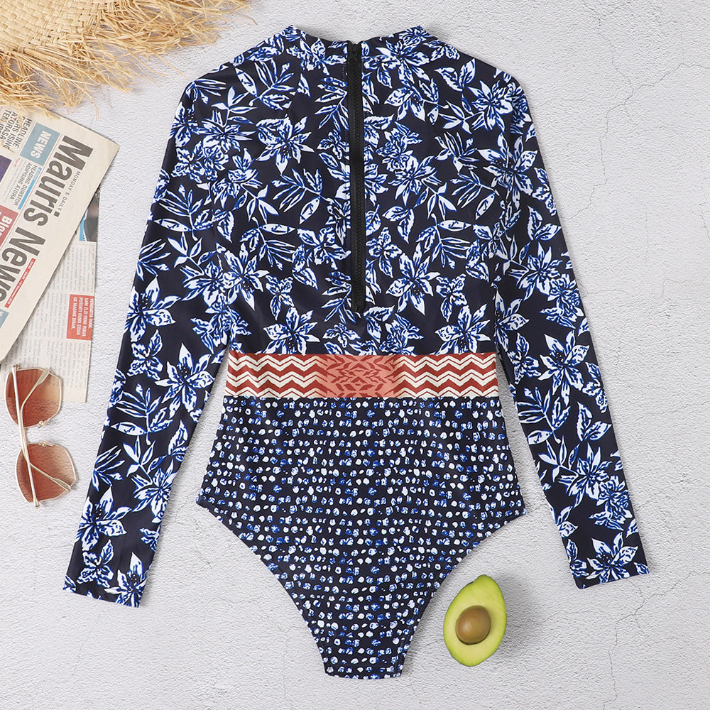 Blue Floral Print Long Sleeves Surf Wear-Swimwear-Blue-S-Free Shipping Leatheretro