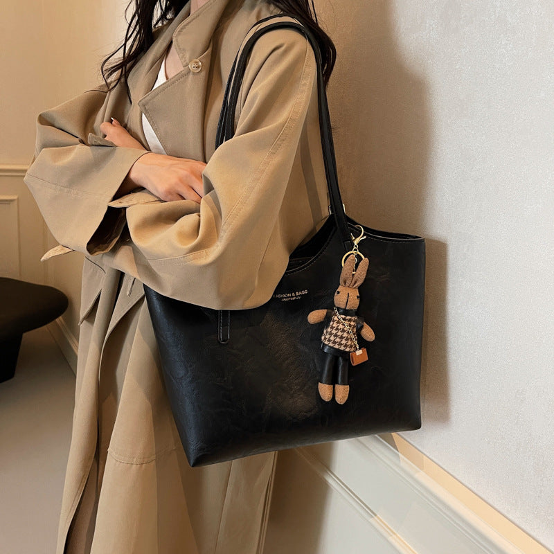 Vintage Soft Faux Leather Tote Bag for Women-Black with pendant.-Free Shipping Leatheretro