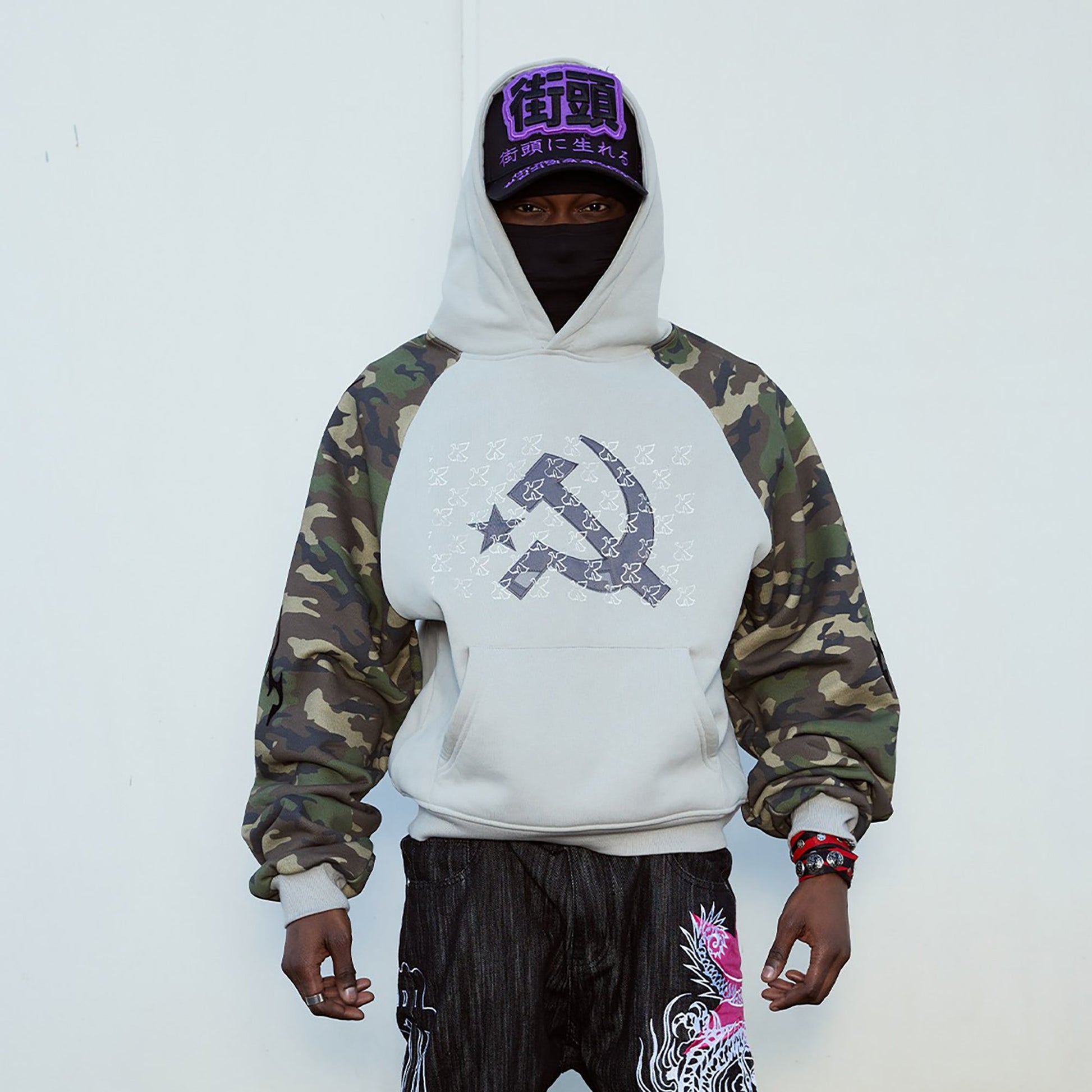 VINKID Embroidered Camo Raglan Panel Hoodie-Hoodie-S-Free Shipping Leatheretro