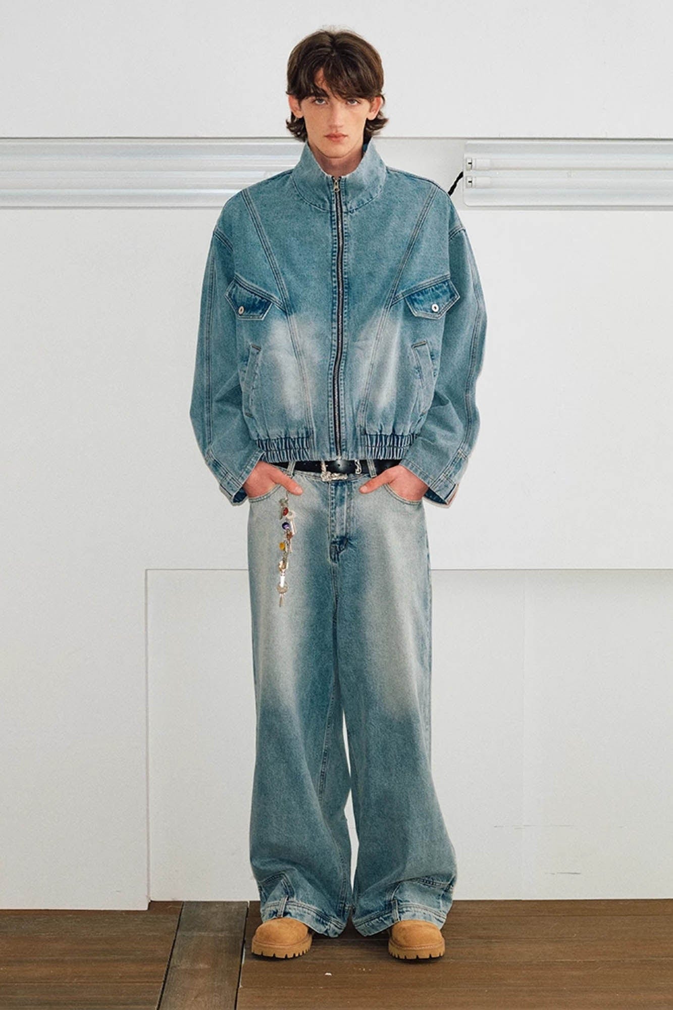 KREATE Jeans Cuff Spliced Stand Collar Jacket-Jacket-S-Black-Free Shipping Leatheretro