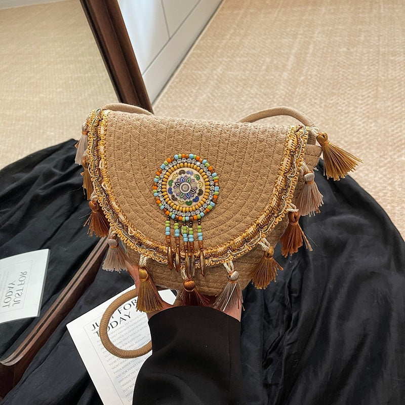 Bohemian Straw Woven Handbag-khaki-Free Shipping Leatheretro