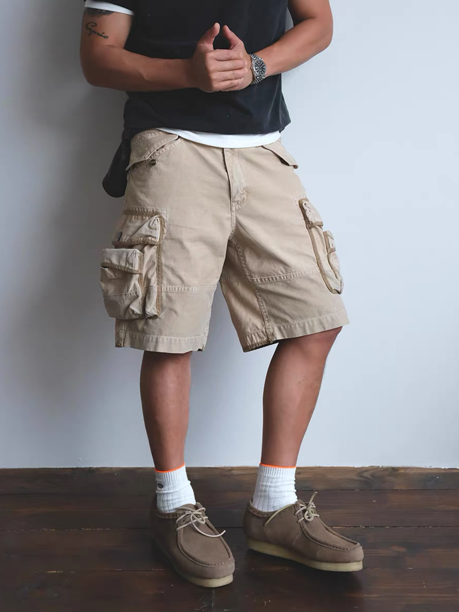 NEIGBORL Washed Multi-Pocket Cargo Shorts-Shorts-S-Khaki-Free Shipping Leatheretro