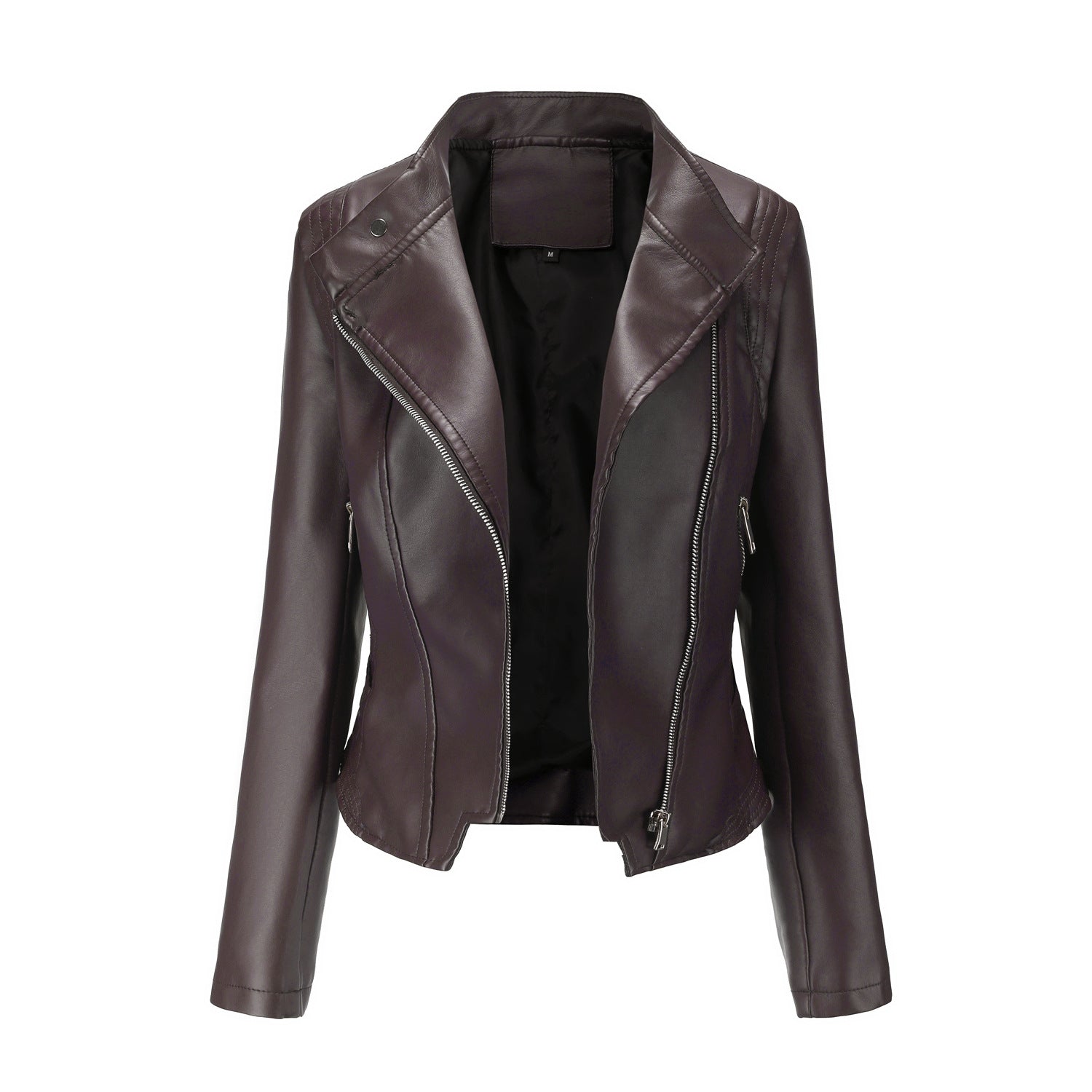 Women's Lapel Fitted Faux Leather Jacket-black-L-Free Shipping Leatheretro
