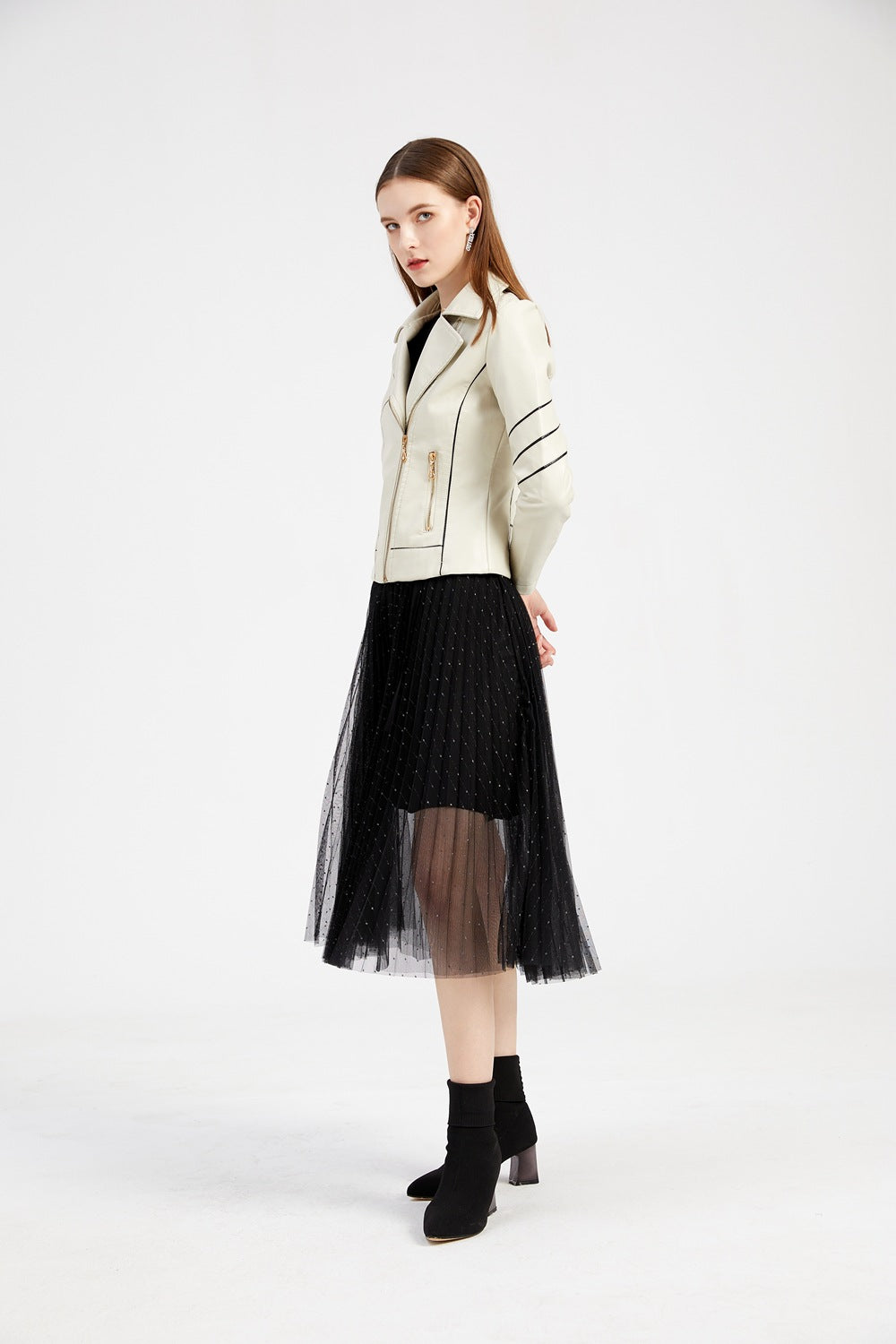 Women's PU Leather Jacket Short Biker Jacket for Spring & Fall-Beige-S-Free Shipping Leatheretro