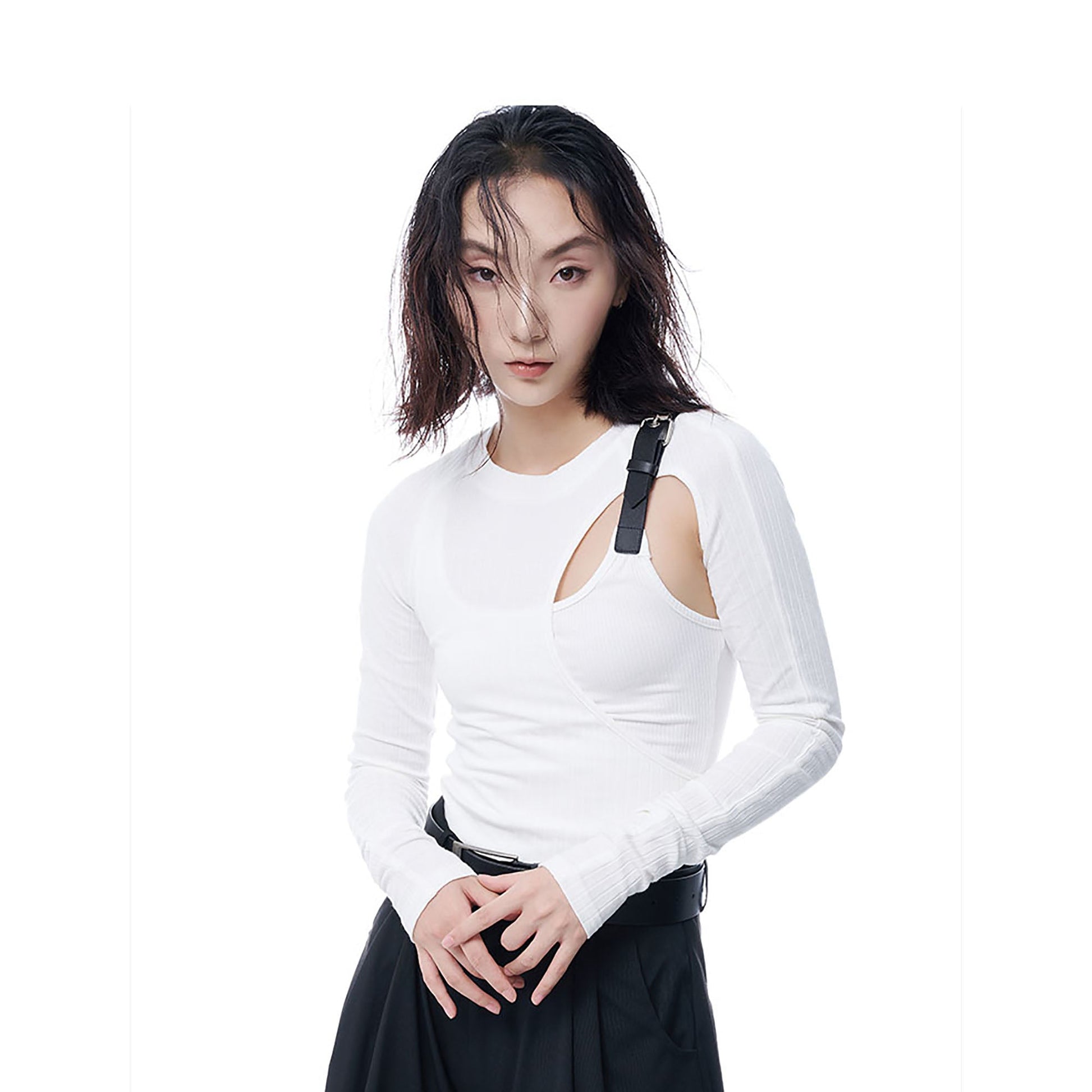 TUIMU Belted Cut-Out Ribbed Long-Sleeve Tee-L/S Tee-M-White-Free Shipping Leatheretro