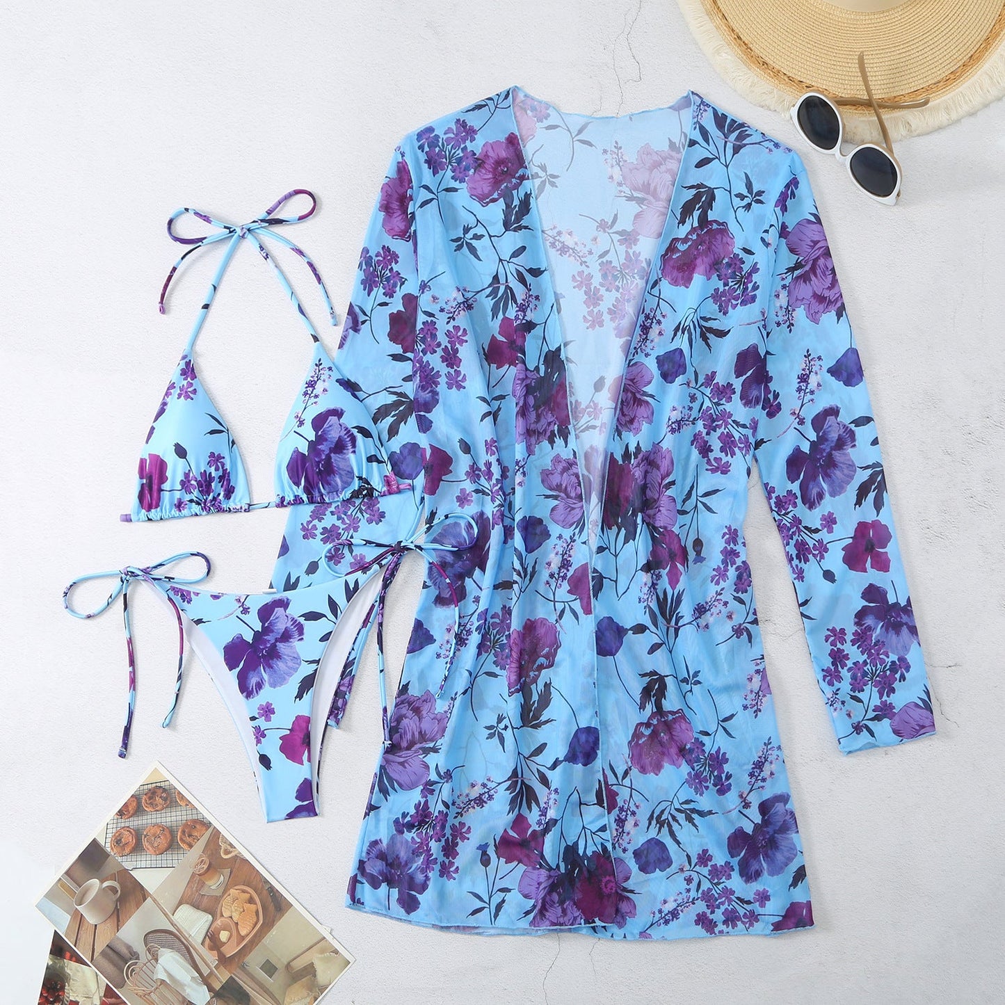 Casual Floral Summer 3pcs Women Swimsuits-Swimwear-Blue-S-Free Shipping Leatheretro