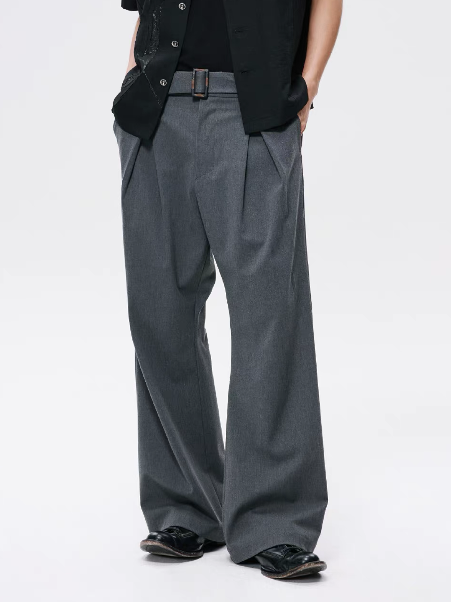 ALVNG AR ANTS Horn Buckle Belted Pleated Trousers-Pants-XS / 28-32"-Gray-Free Shipping Leatheretro