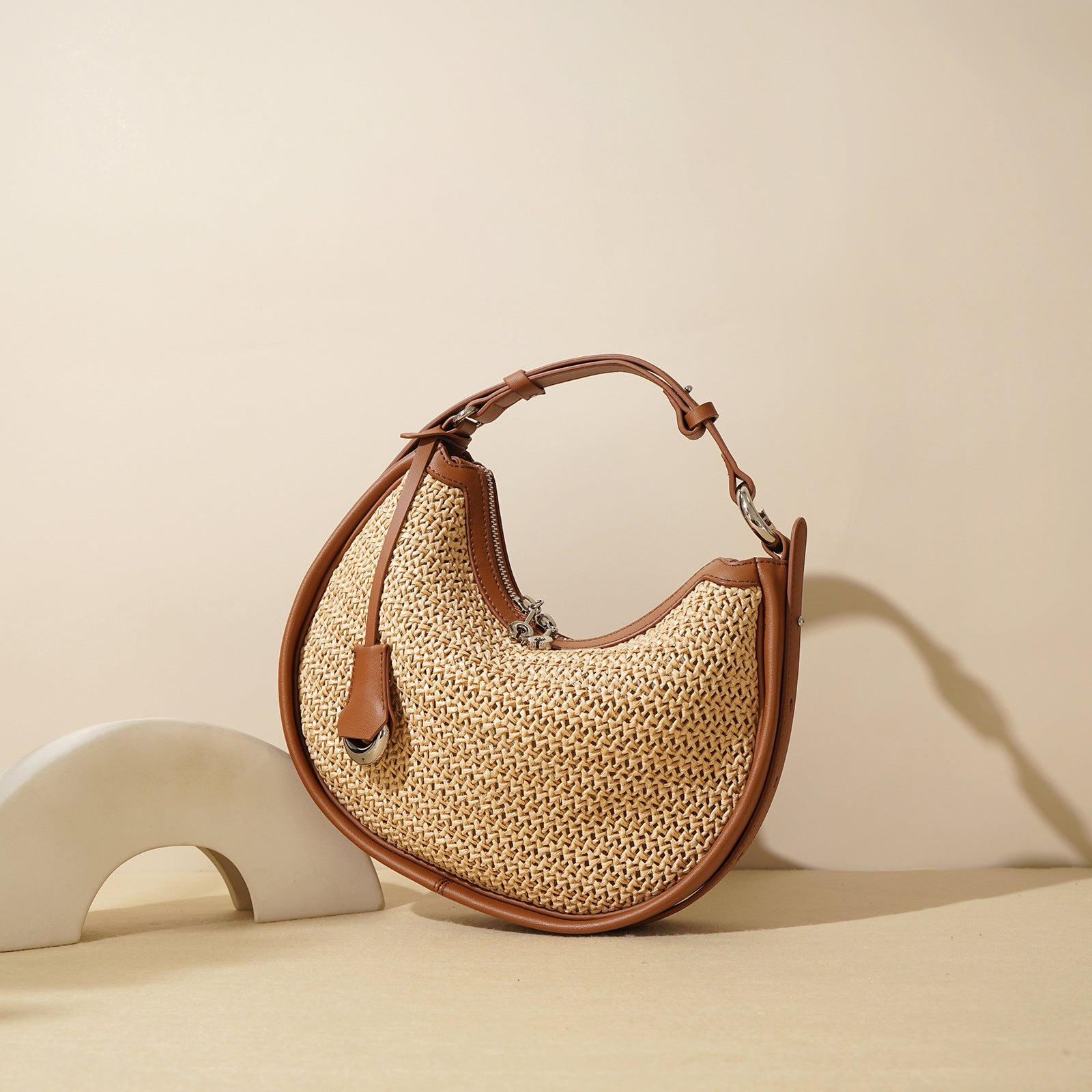 Woven Genuine Leather Crescent Bag-Handbags-White-Free Shipping Leatheretro