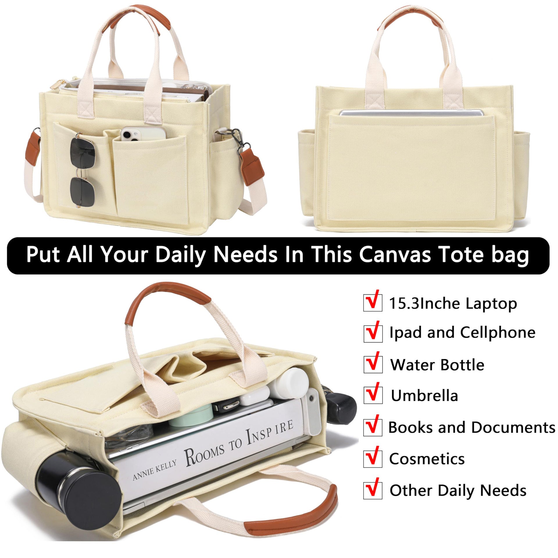 Large Canvas Tote Bag Laptop Crossbody Bag, Spacious Mom Diaper Bag-Canvas Bag-Black-A-Free Shipping Leatheretro