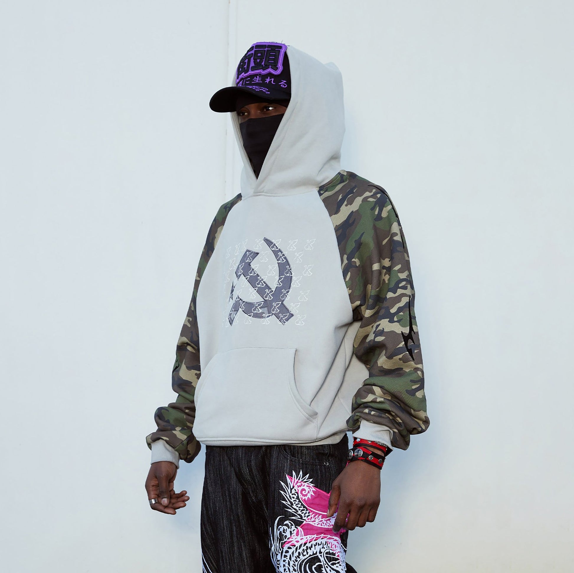 VINKID Embroidered Camo Raglan Panel Hoodie-Hoodie-S-Free Shipping Leatheretro