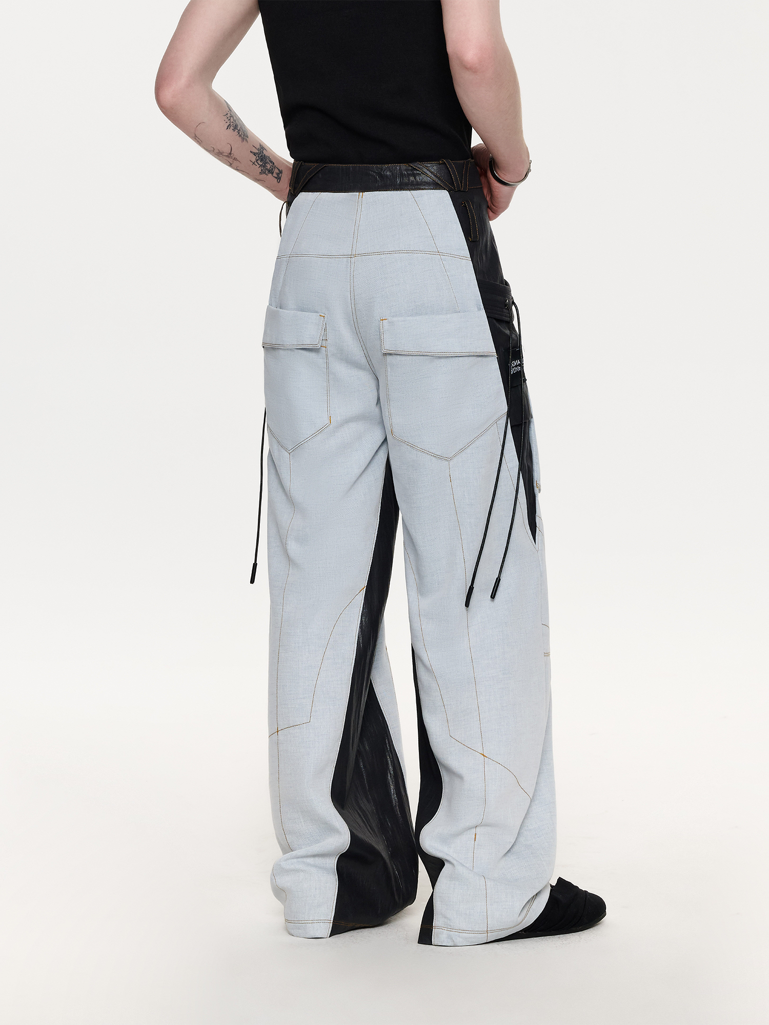 TIWILLTANG Contrast Stitch Paneled Wide-Leg Pants-Pants-S / 28-31”-Blue-Free Shipping Leatheretro