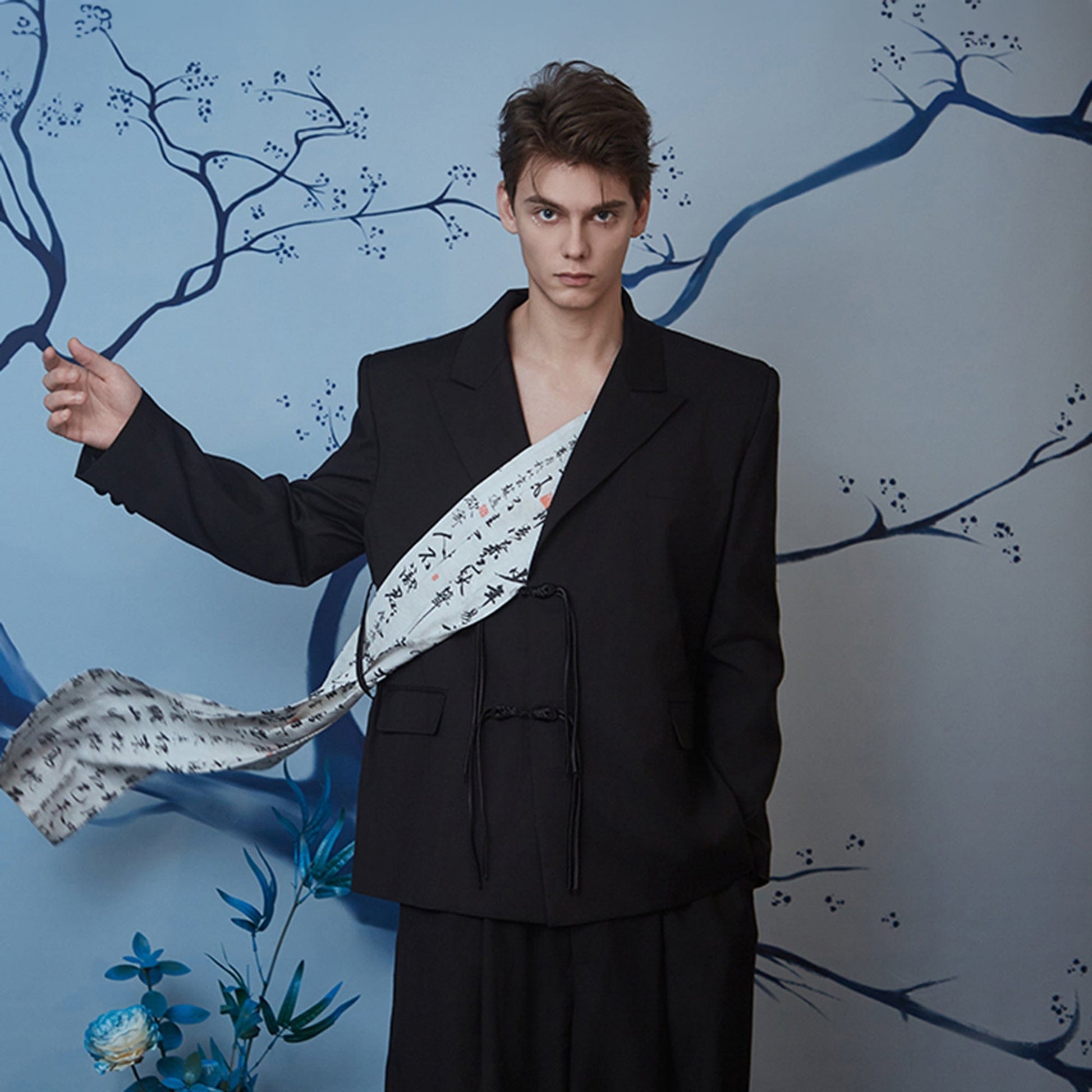 JIECHI Calligraphy Sash Mandarin-Button Blazer-Jacket-M-Free Shipping Leatheretro