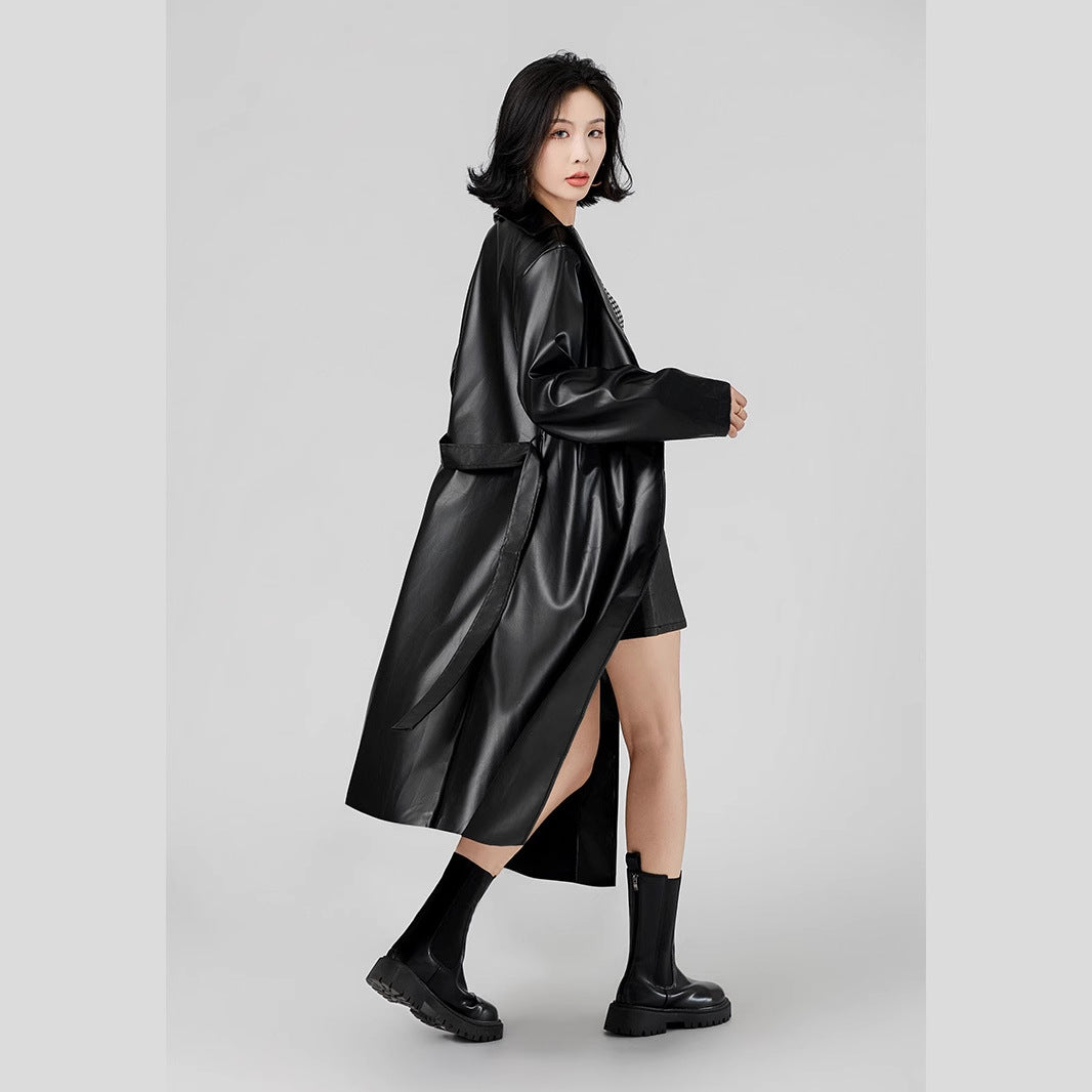 Women’s Long Faux Leather Trench Coat-Black-S-Free Shipping Leatheretro