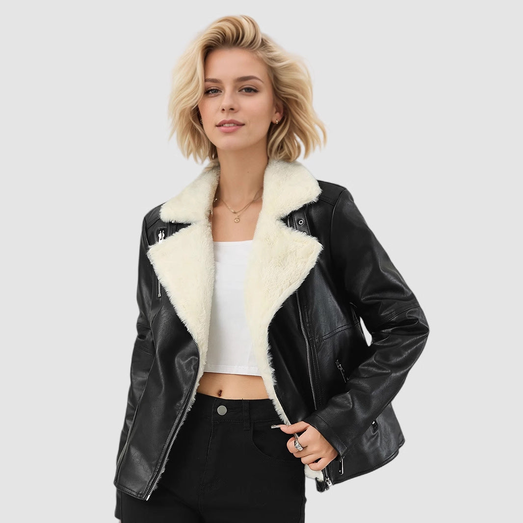 Women's Winter Tchicked Faux Fur Leather Jacket Coats-Black-S-Free Shipping Leatheretro