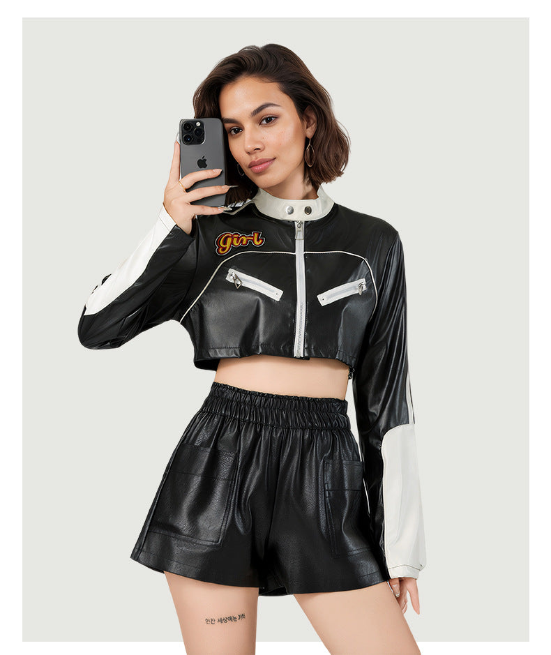 Women's Color-Block Faux Leather Jacket-As Photo-S-Free Shipping Leatheretro