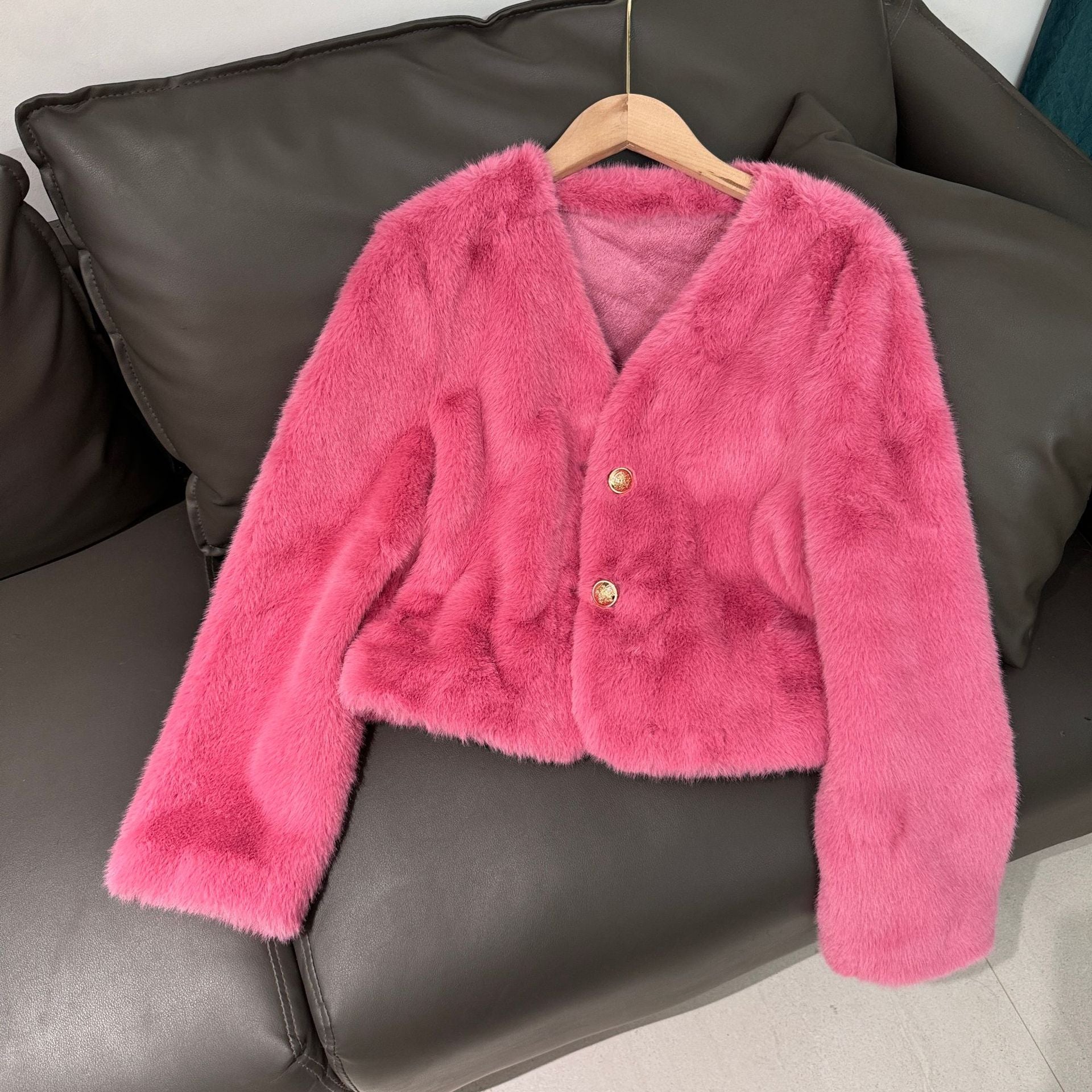 Fashion V Neck Faux Fur Short Coats-Coats & Jackets-Rose Red-One Size-Free Shipping Leatheretro