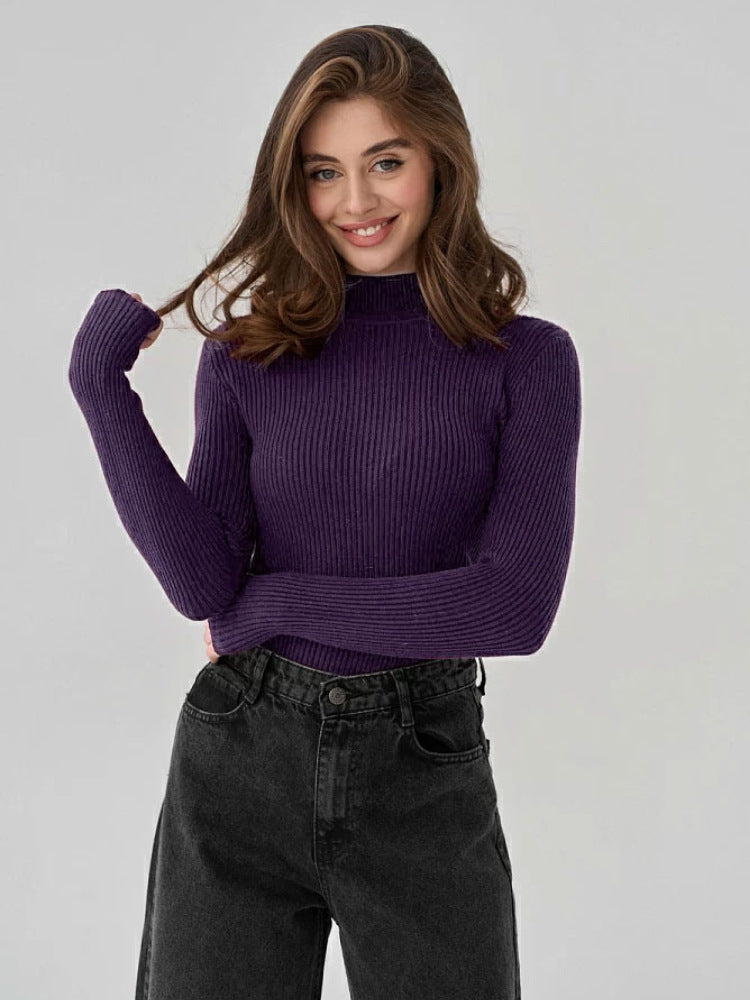 Sexy High Neck Knitted Sheath Shirts-Shirts & Tops-Dark Purple-One Size-Free Shipping Leatheretro