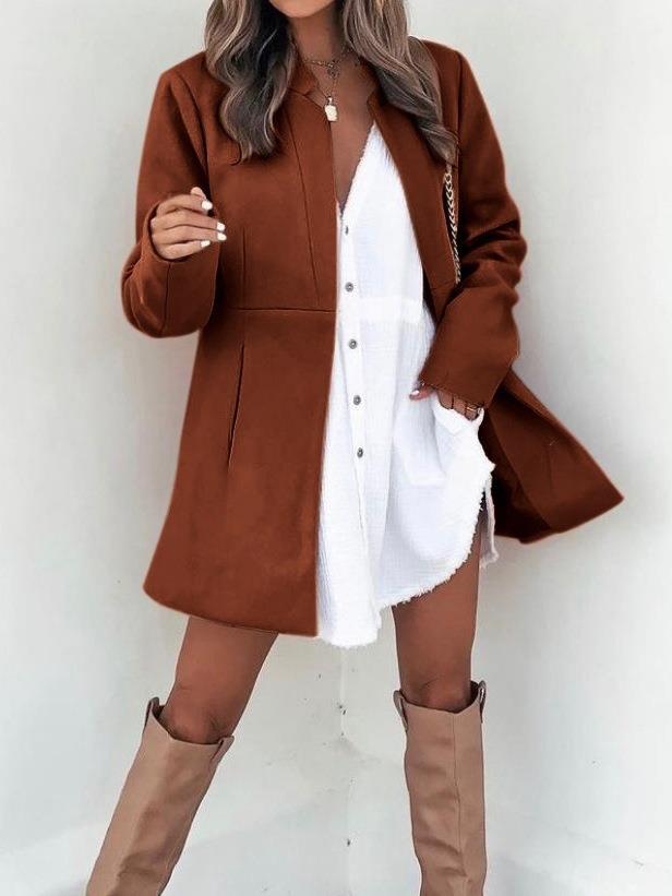 Fashion Long Sleeves Wool Overcoat with Pockets-Coats & Jackets-Brick Red-S-Free Shipping Leatheretro