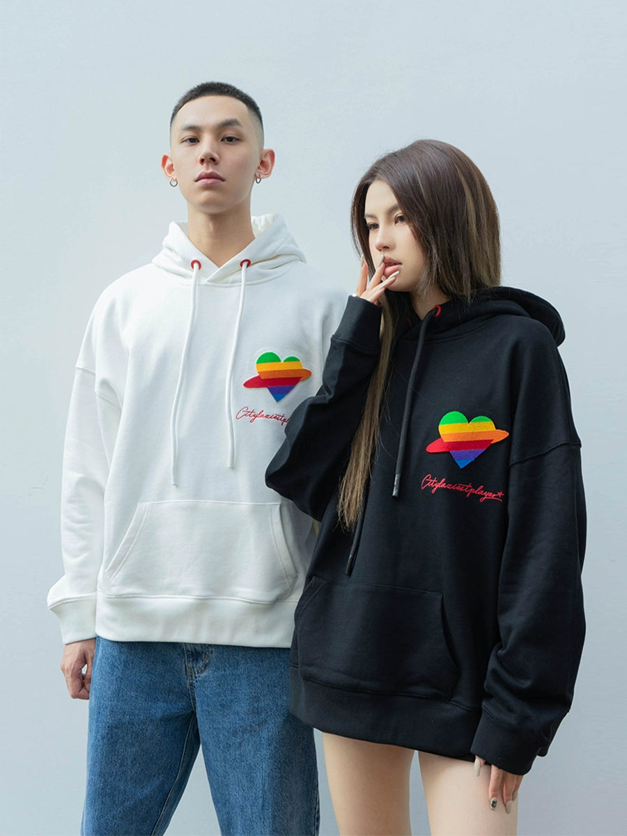 CLP Unisex Rainbow Heart Loose Fit Hoodie-Black-S-Free Shipping Leatheretro
