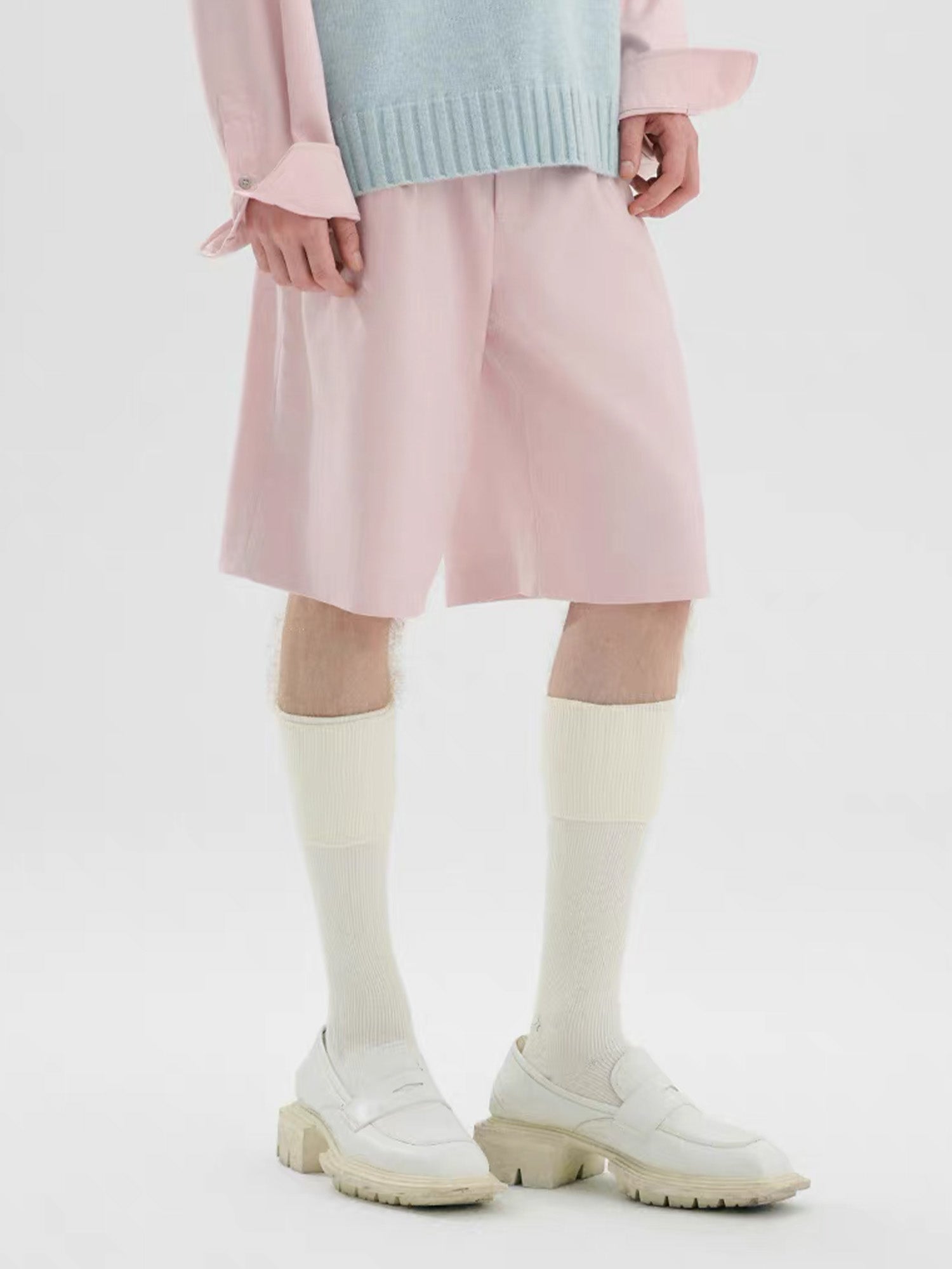 TIWILLTANG Straight-Leg Pinstripe Knee-Length Shorts White/Pink-Shorts-S-Pink-Free Shipping Leatheretro