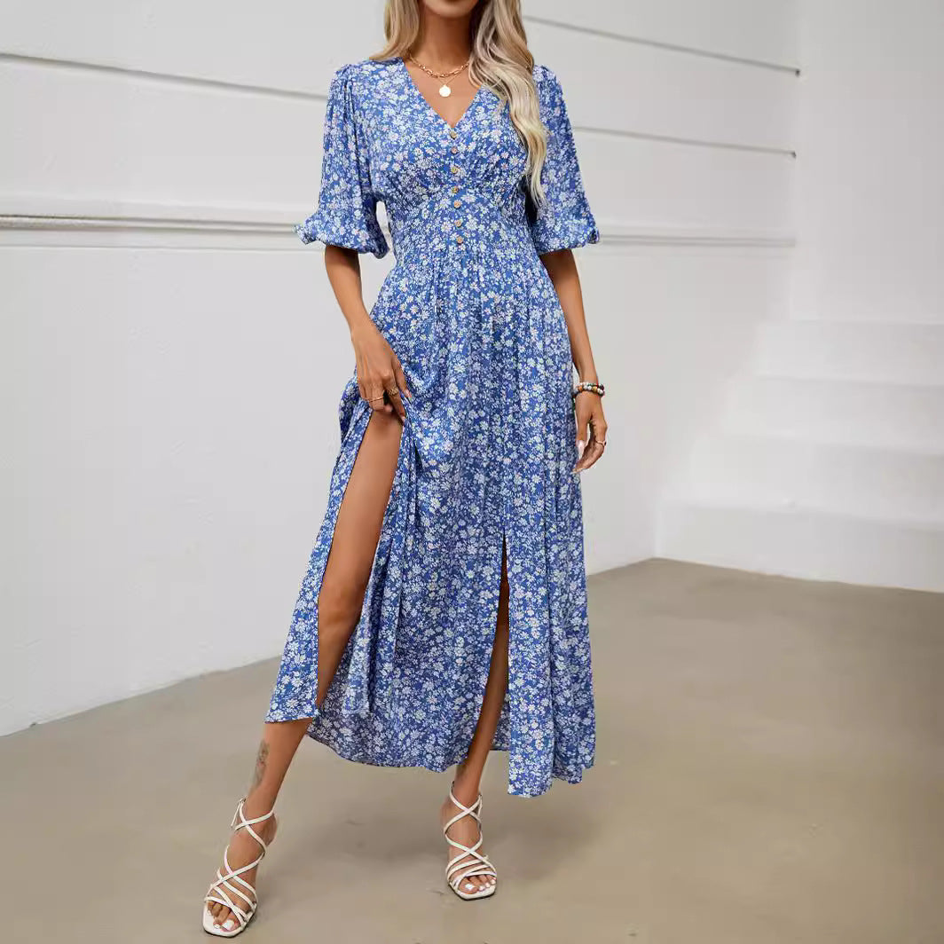 Casual V Neck Summer Bohemia Beach Dresses-Dresses-Blue-S-Free Shipping Leatheretro