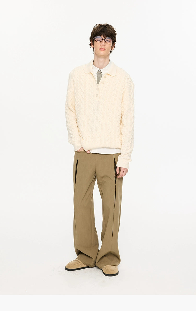 KREATE Textured Cable-Knit Polo Sweater-Ivory-S-Free Shipping Leatheretro