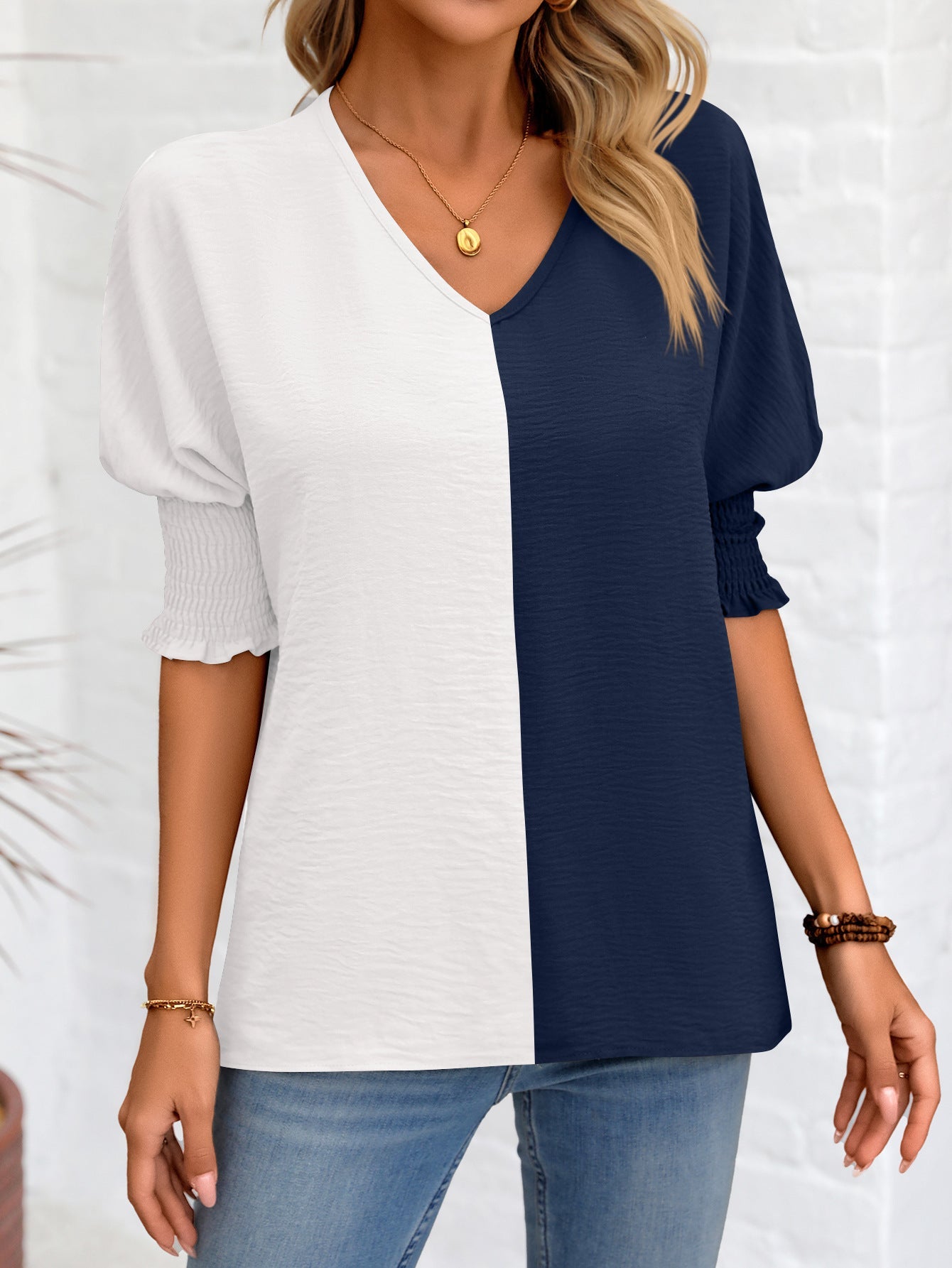 Leisure Summer V Neck Short Sleeves T Shirts-Shirts & Tops-A-S-Free Shipping Leatheretro