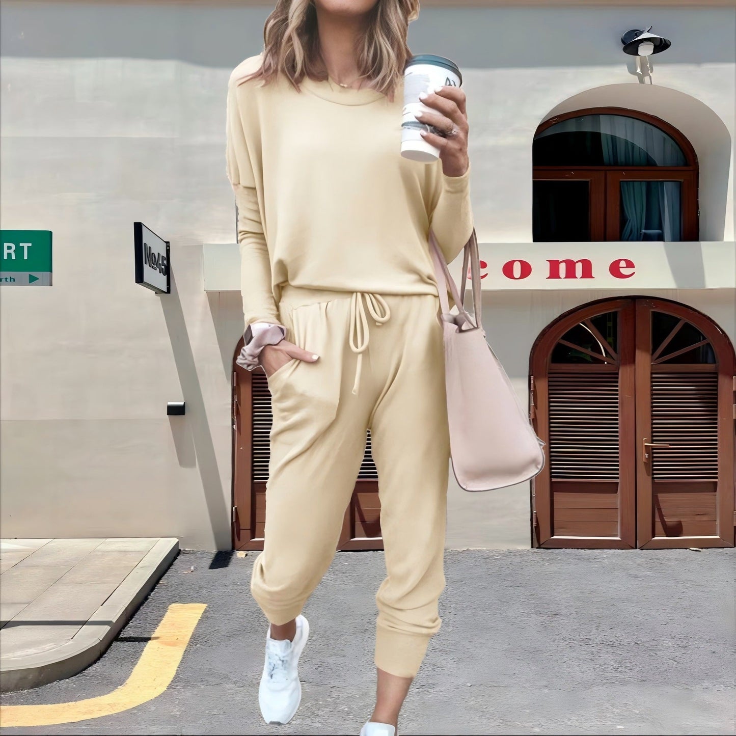 Casual Fall Long Sleeves Blouses and Pants-Suits-Apricot-S-Free Shipping Leatheretro