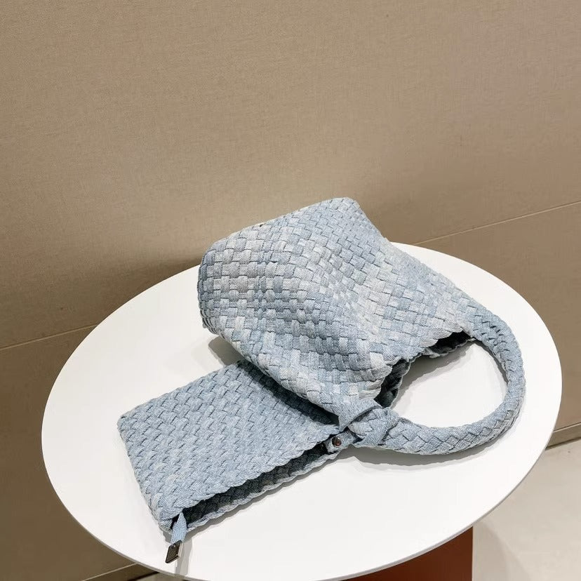 Stylish Canvas & Denim Woven Bucket Bag for Women-Light Blue 23cm-Free Shipping Leatheretro