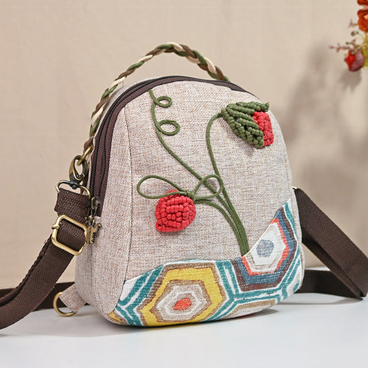 Handmade Woven Strawberry Linen Backpacks-Backpack-Ivory-Free Shipping Leatheretro