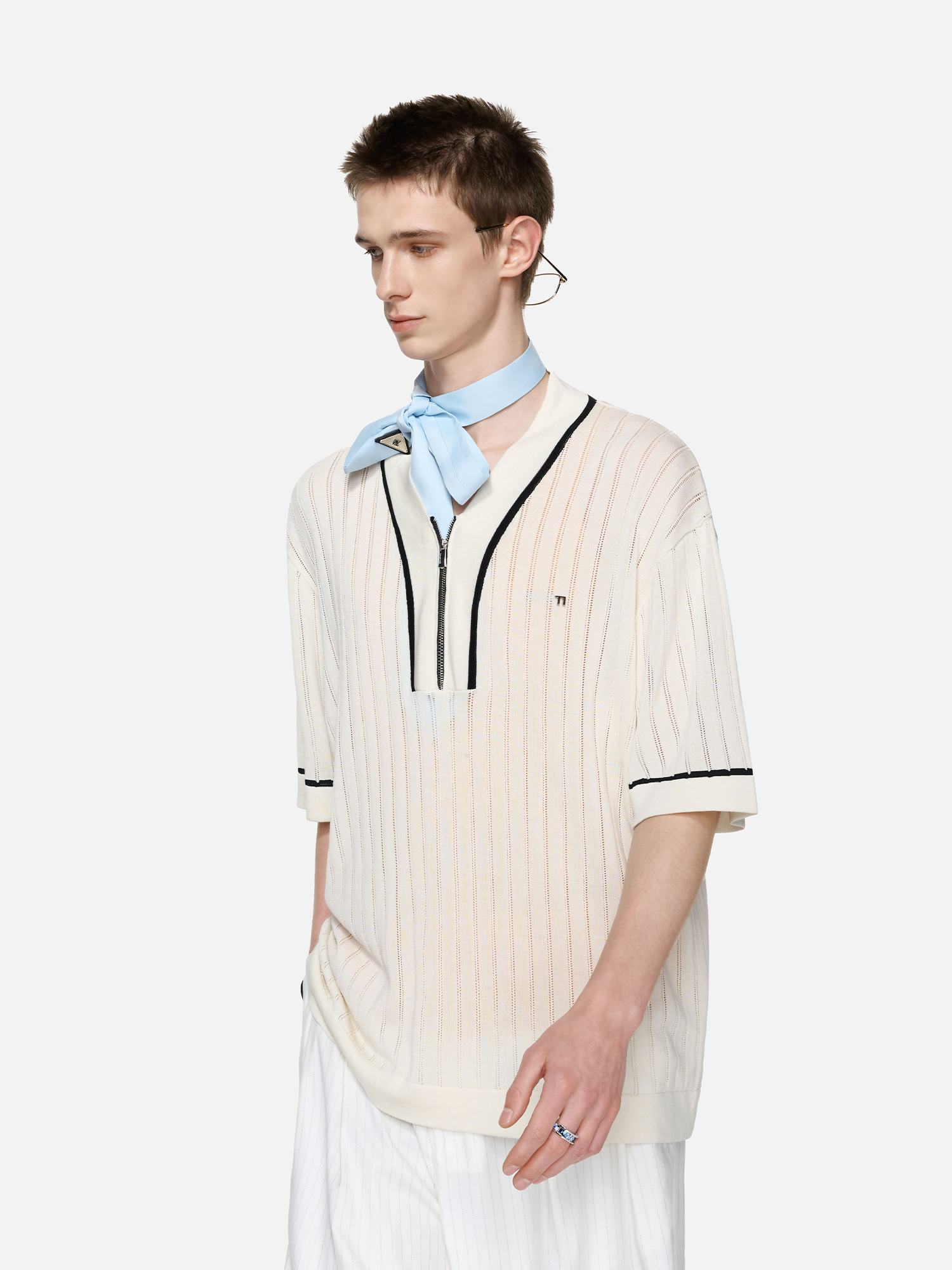 TIWILLTANG Openwork Contrast Trim Zip-Neck Knitted T Shirt-T Shirt-S-Free Shipping Leatheretro