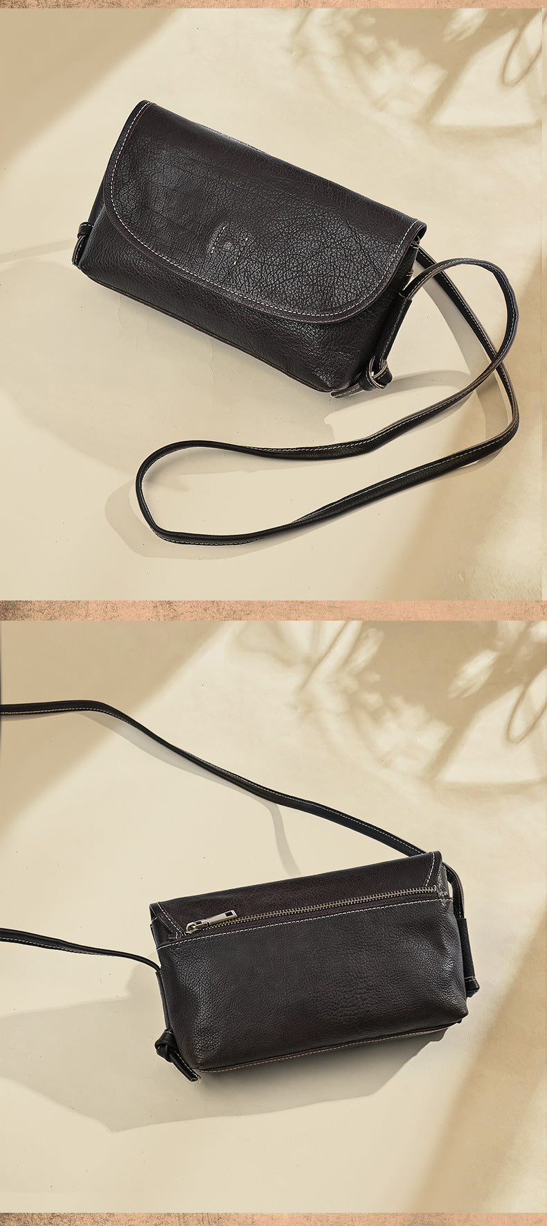 Veg-Tanned Washed Pull-Up Leather Crossbody Bag-crossbody bags-black-Free Shipping Leatheretro