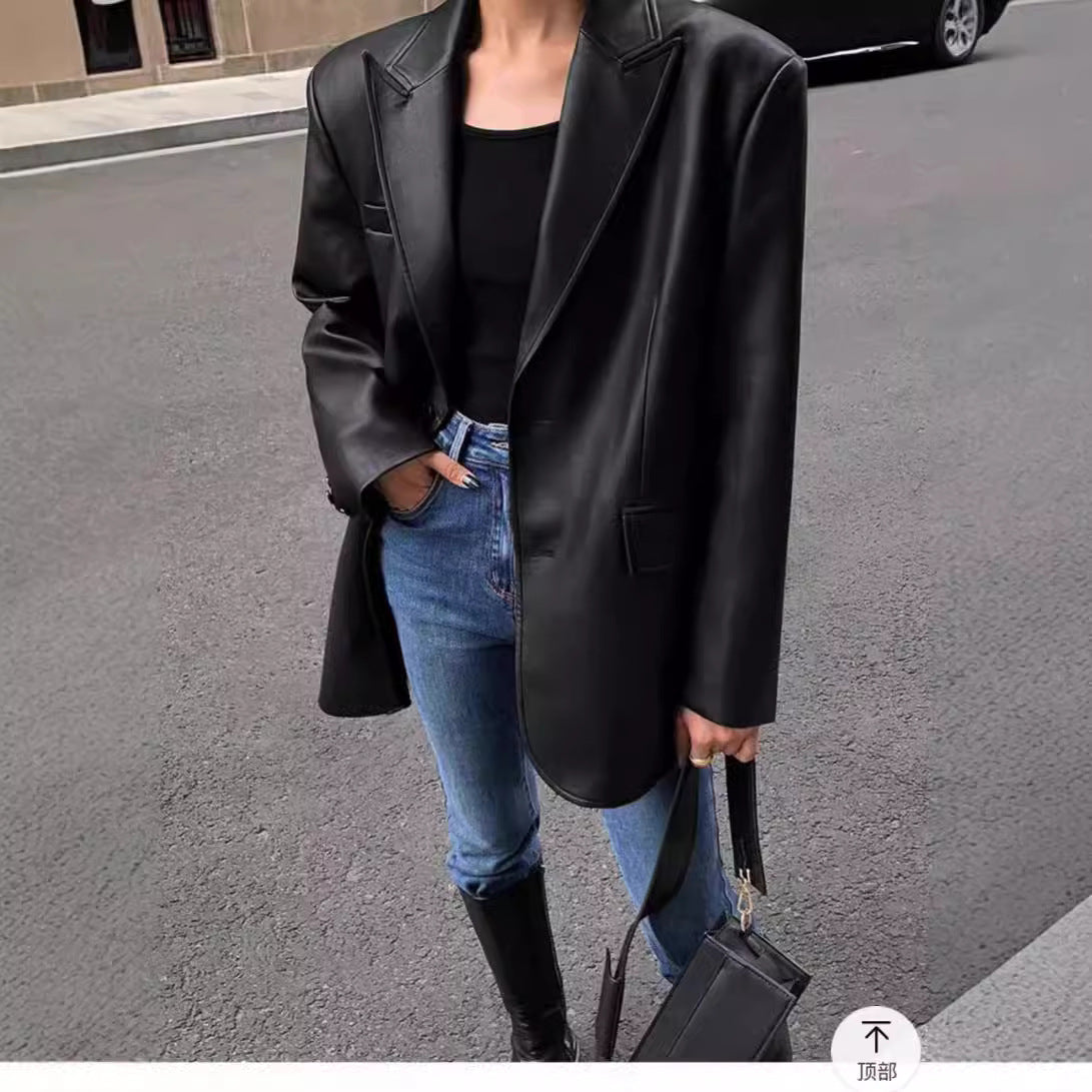 Women's Faux Leather Blazer – Oversized Casual Jacket-black-S-Free Shipping Leatheretro