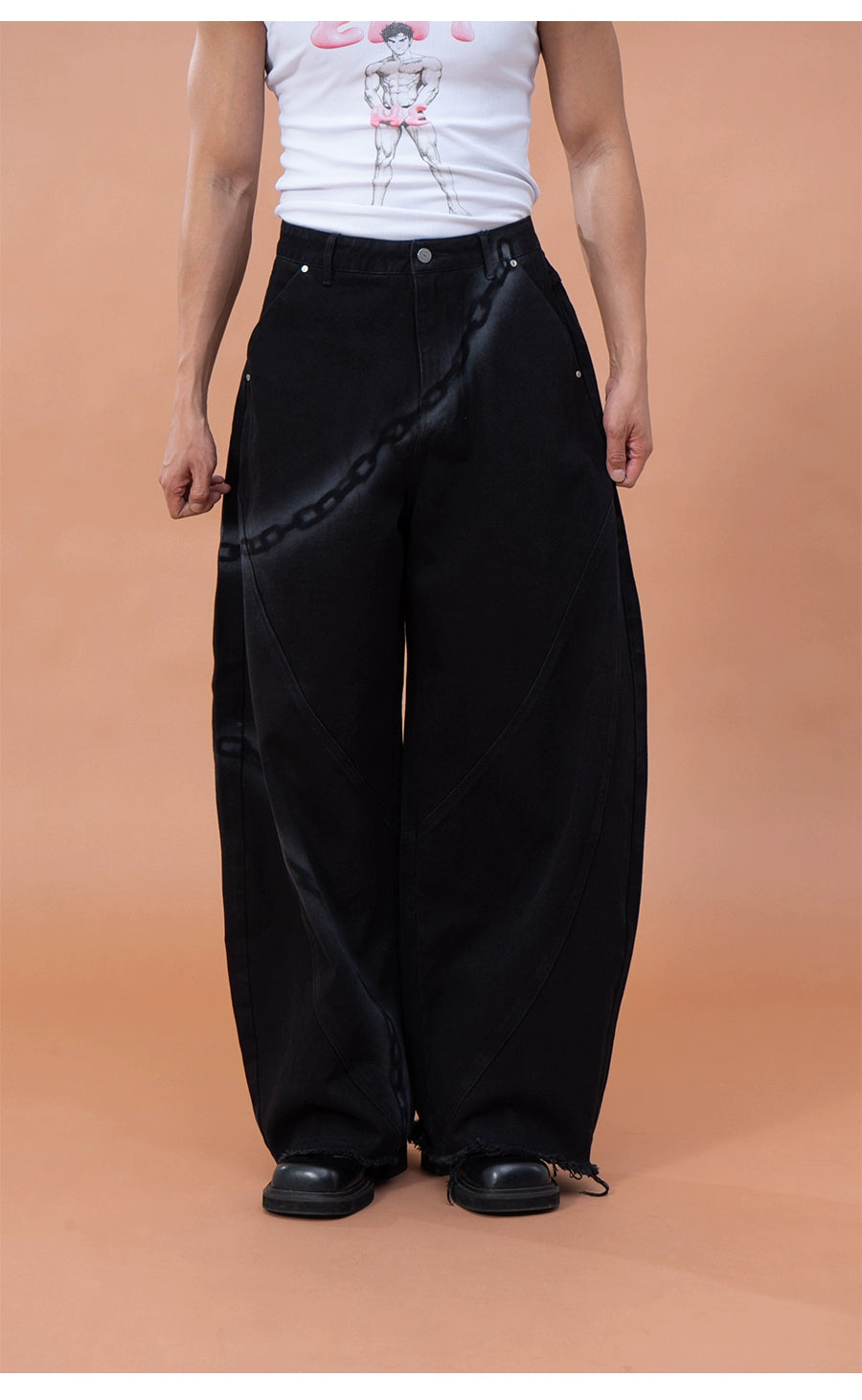 CLP Men's Black Chain Print Cargo Wide Leg Jeans-Black-S-Free Shipping Leatheretro