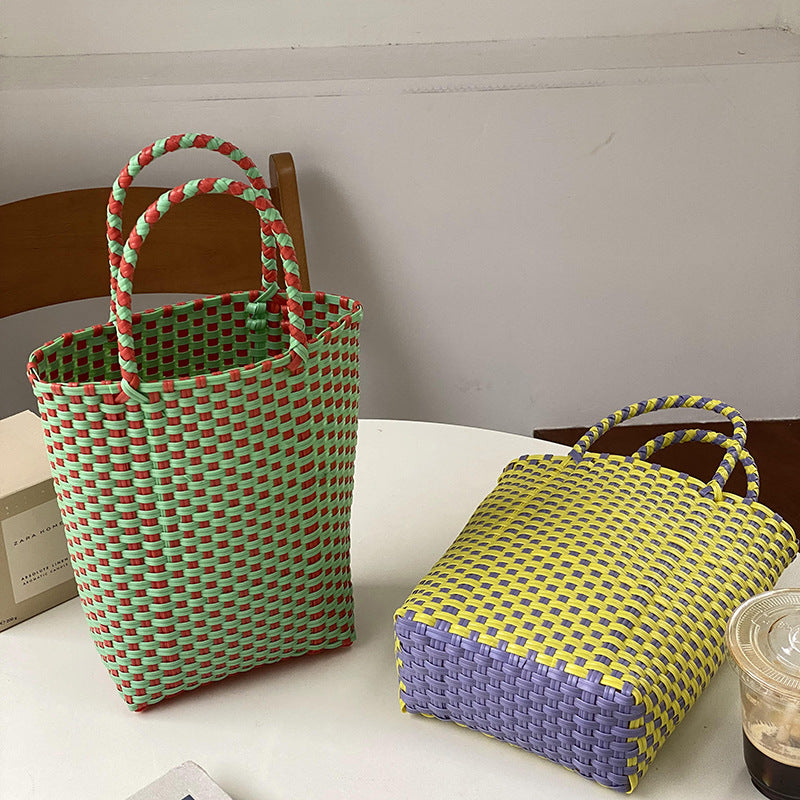 Summer PVC Handwoven Beach Bag – Colorful Boho Tote, Gift Basket & Casual Carryall-Beach Bags-Pink green-Free Shipping Leatheretro