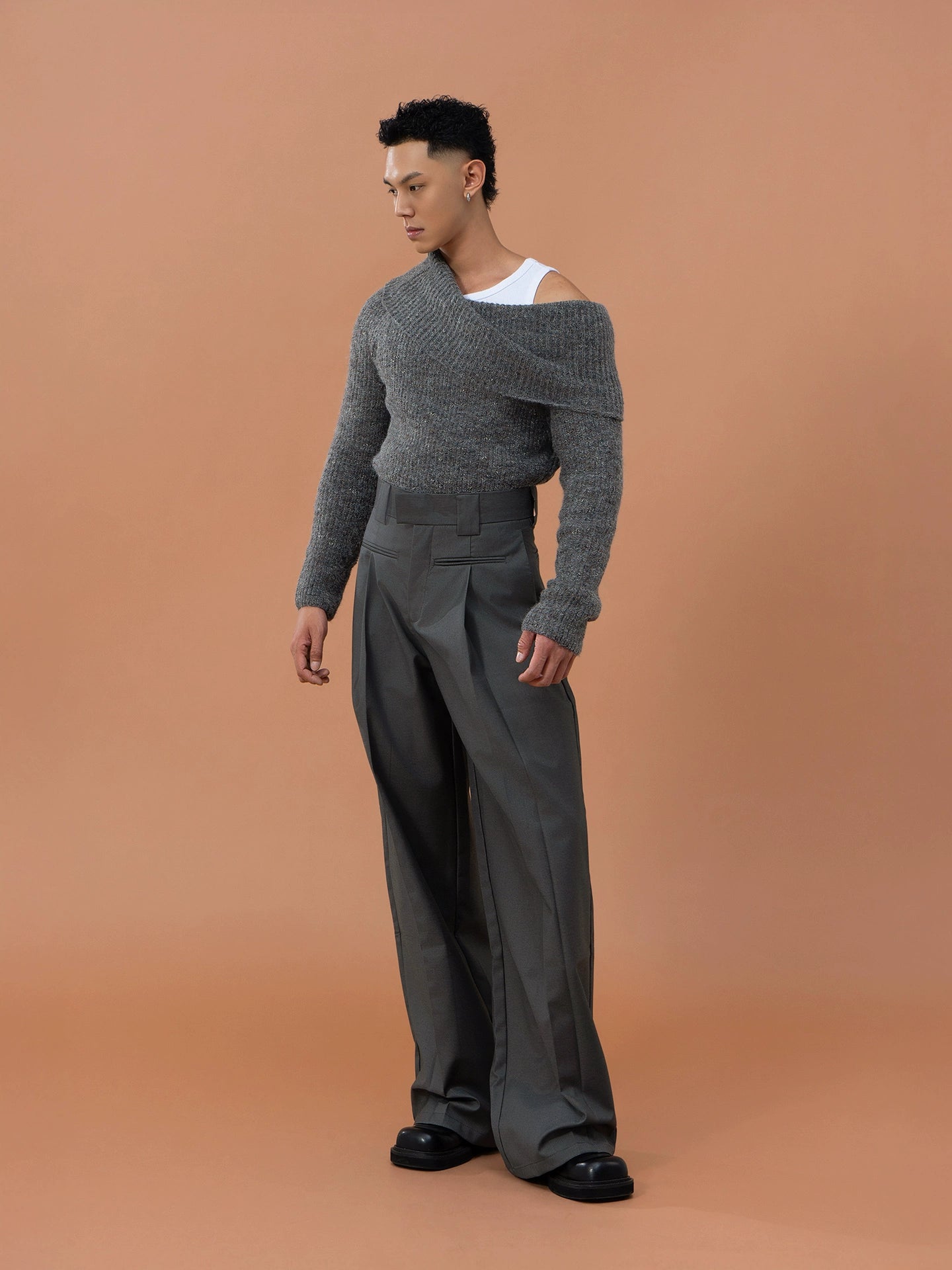 CLP Grey Off-Shoulder Wool Sweater | Relaxed Fit Ribbed Knit-Sweater-Gray-S-Free Shipping Leatheretro