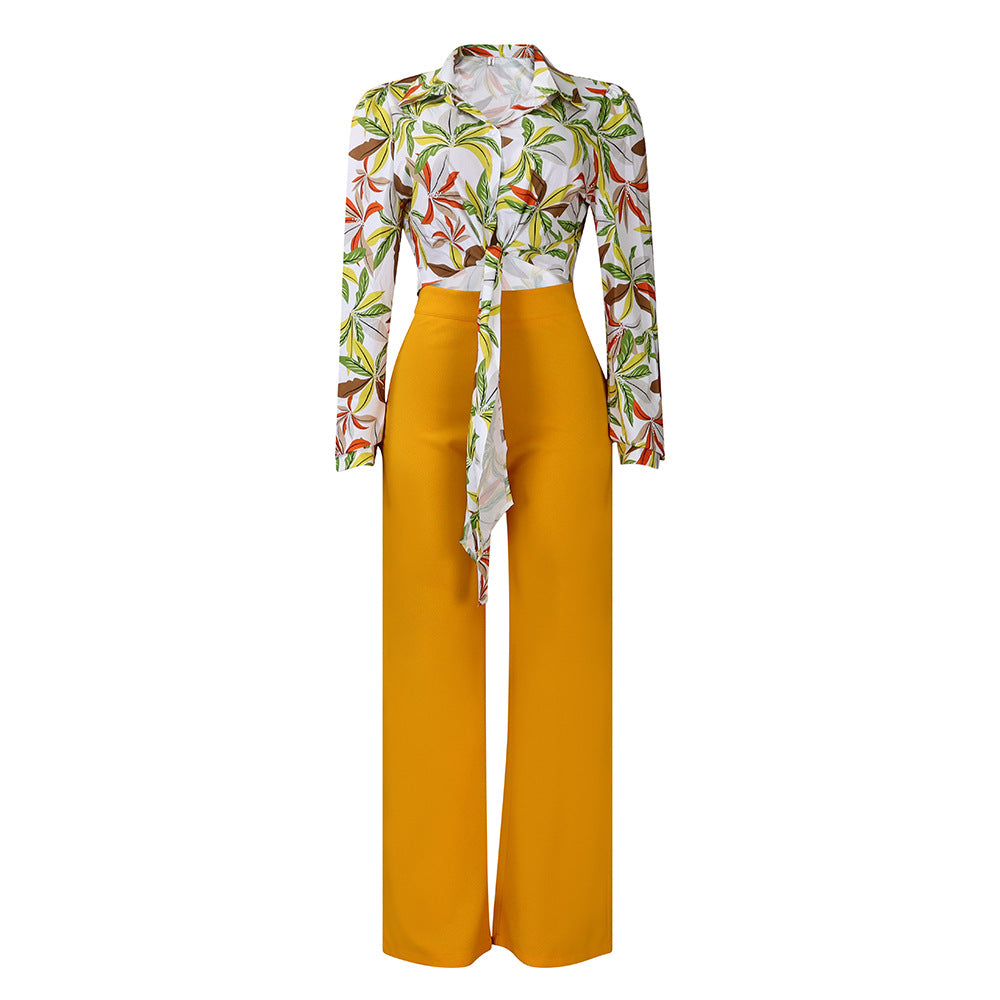 Fashion Long Sleeves Shirts & Wide Legs Pants-Suits-Yellow-S-Free Shipping Leatheretro