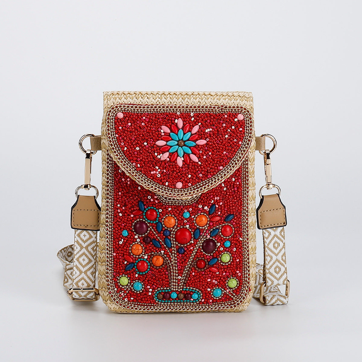 Woven Straw Crossbody Bag with Beaded Detail-3#-13*3.5*19-Free Shipping Leatheretro
