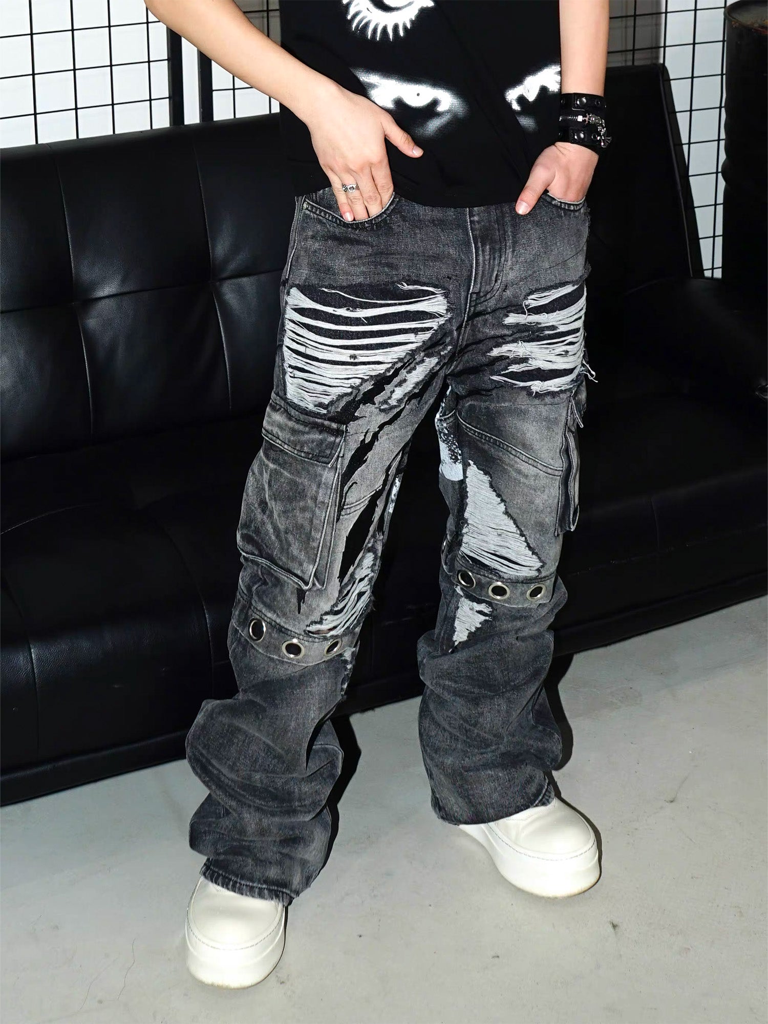 VINKID Distressed Grommet Strap Flared Jeans-Jeans-S-Free Shipping Leatheretro