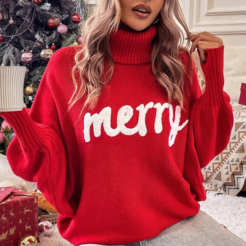 Casual High Neck Winter Loose Knitted Sweaters-Sweater&Hoodies-Red-S-Free Shipping Leatheretro