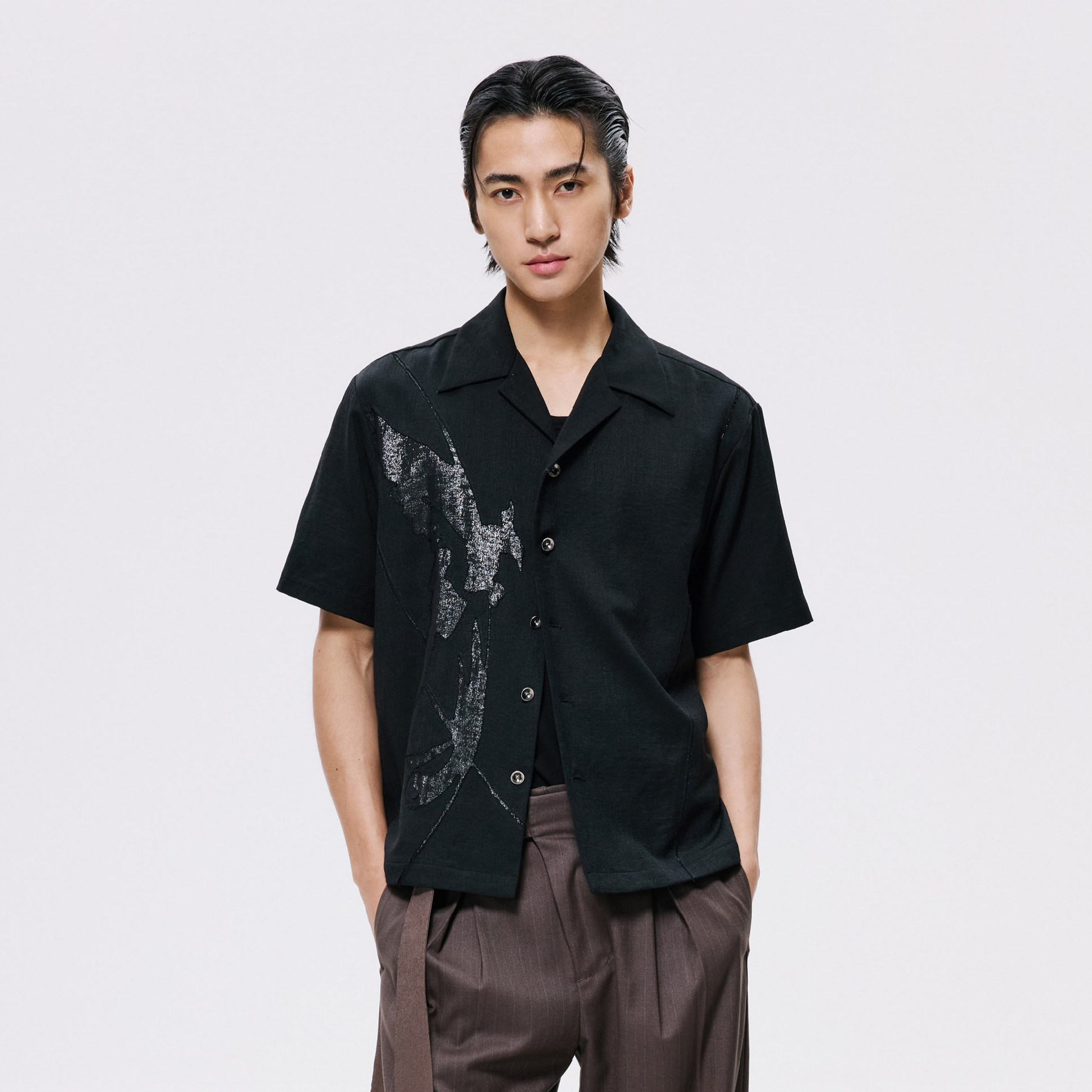 ALVNG AR ANTS Phoenix Mesh Paneled Linen-Blend Shirt-Half shirt-S-Black-Free Shipping Leatheretro