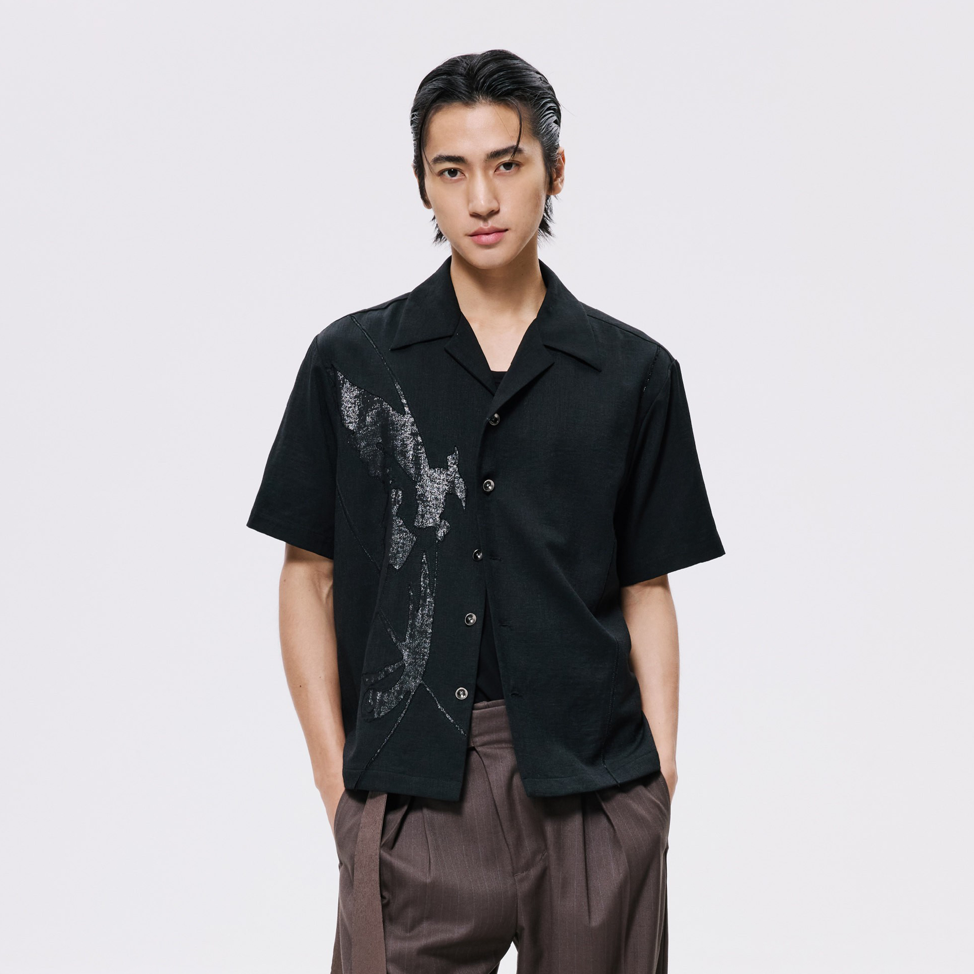 ALVNG AR ANTS Phoenix Mesh Paneled Linen-Blend Shirt-Half shirt-S-Black-Free Shipping Leatheretro