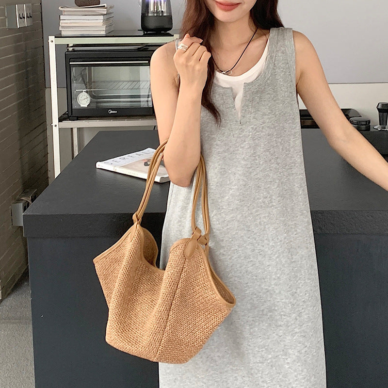 Summer Vacation Style – Large Straw Tote Bag, Boho Chic Shoulder Bag-Apricot-17-19-17 cm-Free Shipping Leatheretro