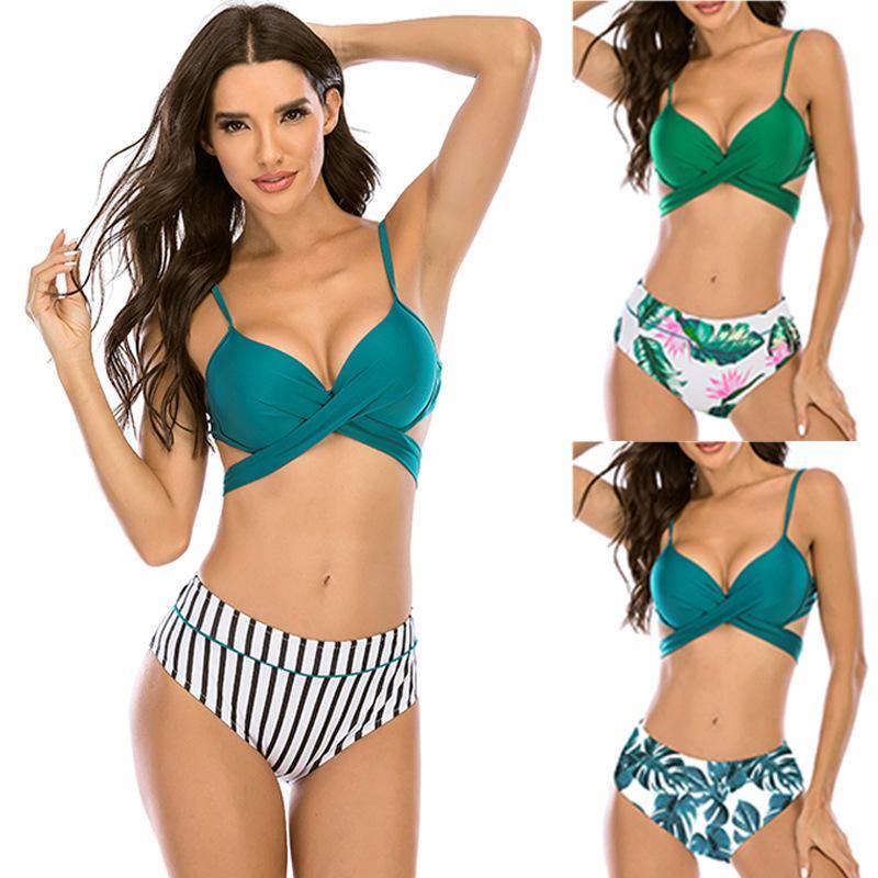 Women Print High Wasit Bikini Swimwear-Women Swimwear-Green-S-Free Shipping Leatheretro