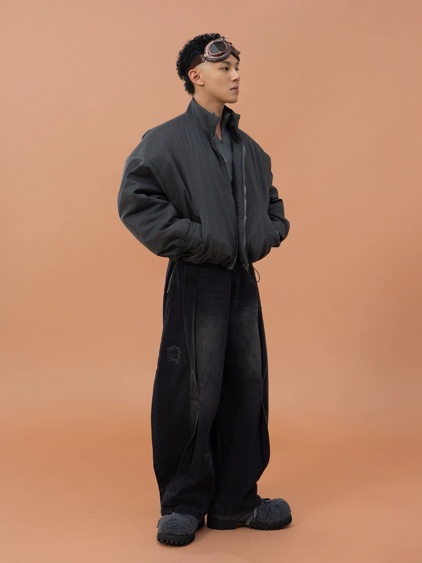 CLP Gray Oversized Sherpa-Lined Jacket for Men-Gray-M-Free Shipping Leatheretro