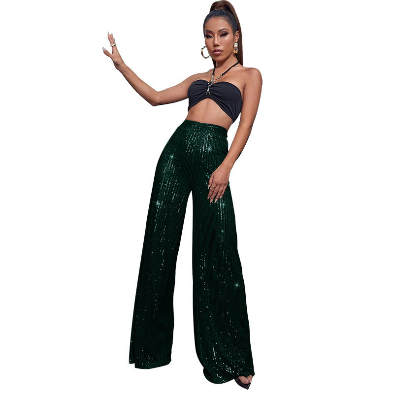 Fashion High Waist Sequin Summer Wide Legs Pants-Pants-Apricot-S-Free Shipping Leatheretro