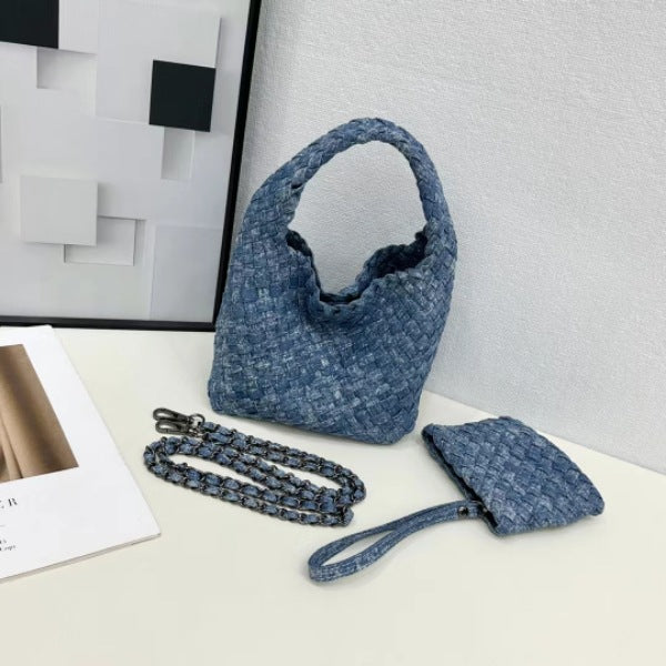 Stylish Canvas & Denim Woven Bucket Bag for Women-Light Blue 23cm-Free Shipping Leatheretro