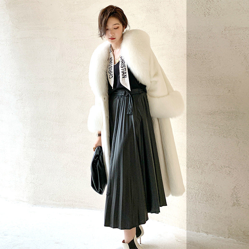 Luxurious Fox Fur Wool Plus Sizes Long Overcoats-Outerwear-White-S-Free Shipping Leatheretro