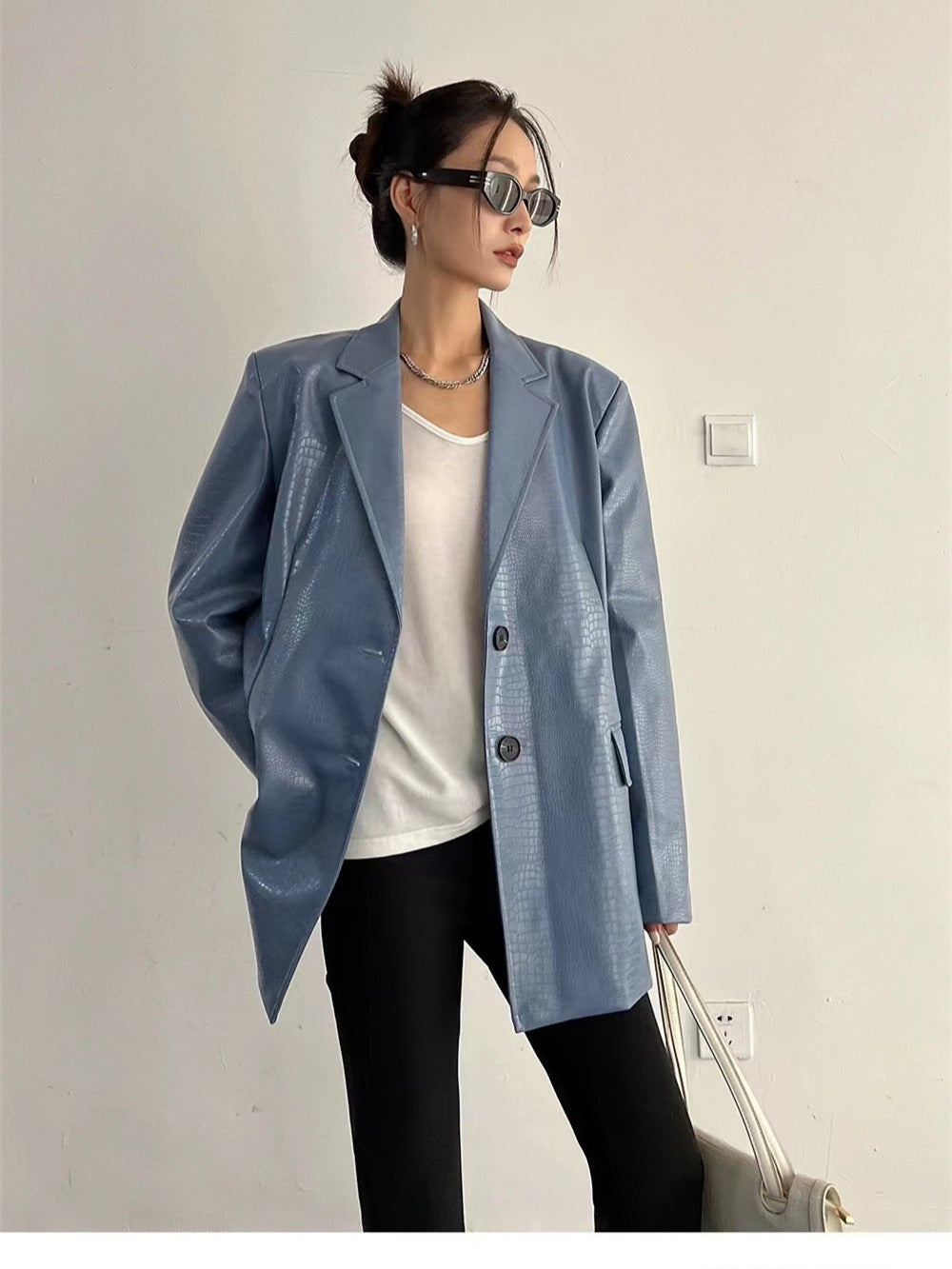 Women's Faux Leather Blazer – Oversized Casual Jacket-black-S-Free Shipping Leatheretro